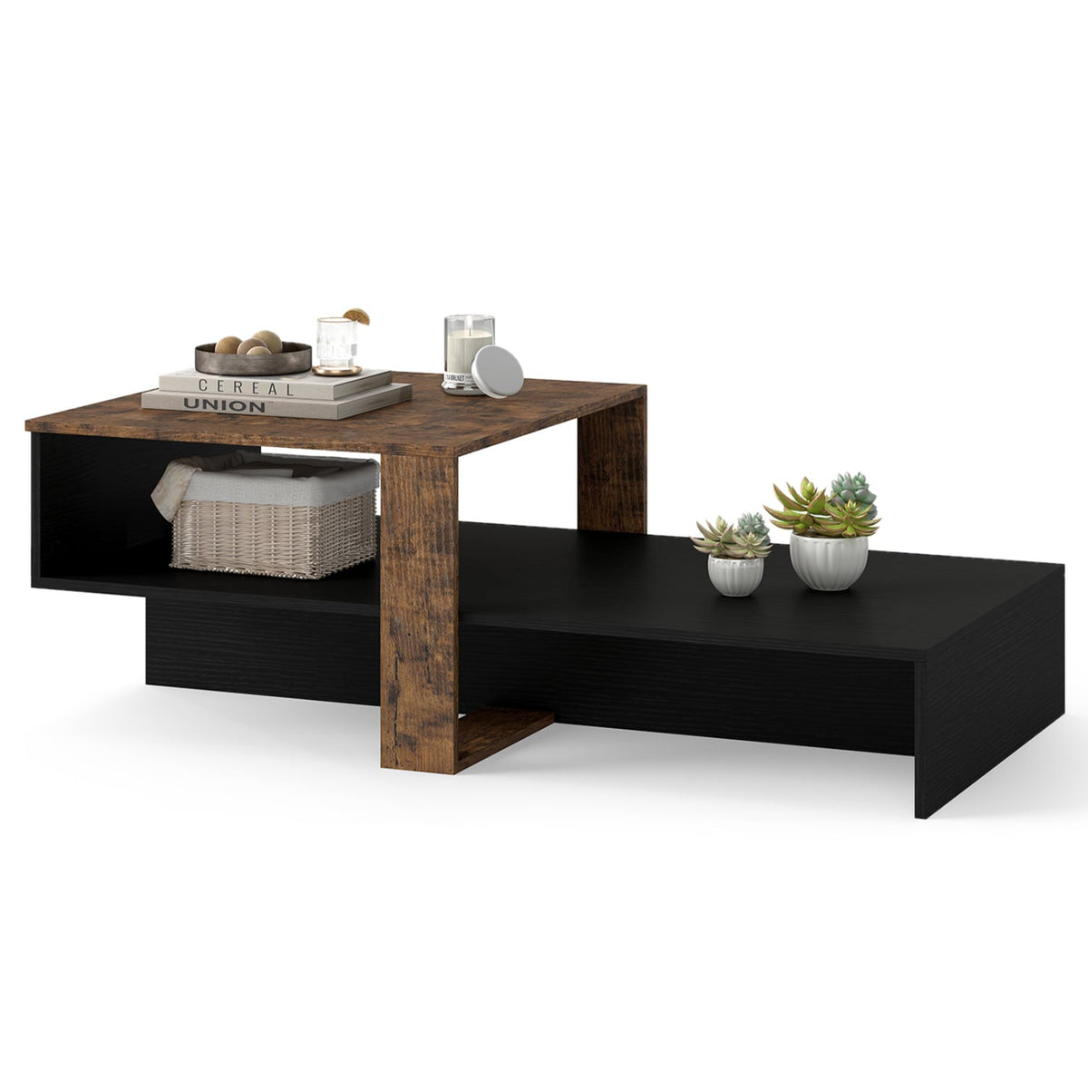 2-Tier Coffee Table Modern Irregular Center Table with Open Storage Shelf-Black & Brown-Coffee Tables-DECOROLALA