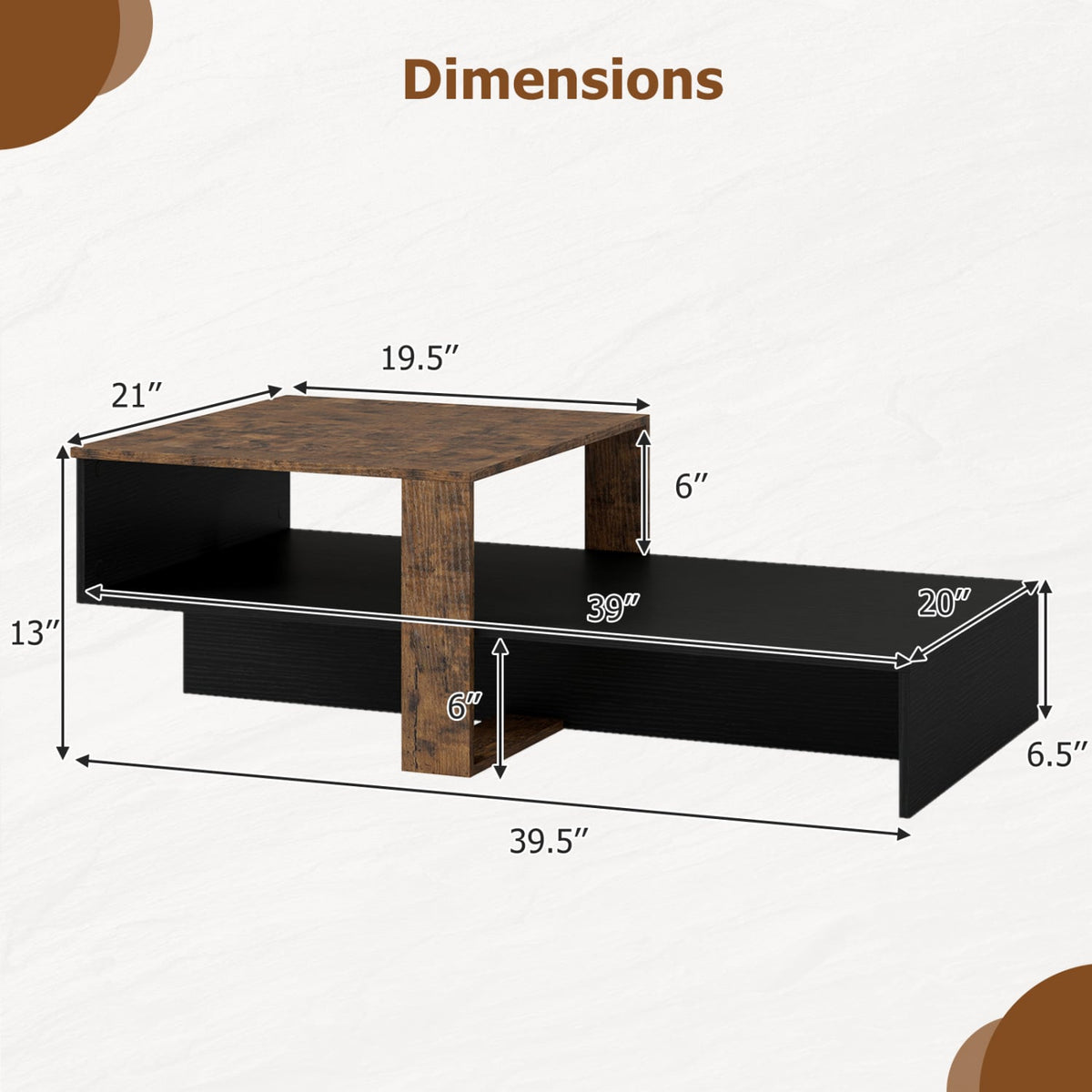 2-Tier Coffee Table Modern Irregular Center Table with Open Storage Shelf-Black & Brown-Coffee Tables-DECOROLALA