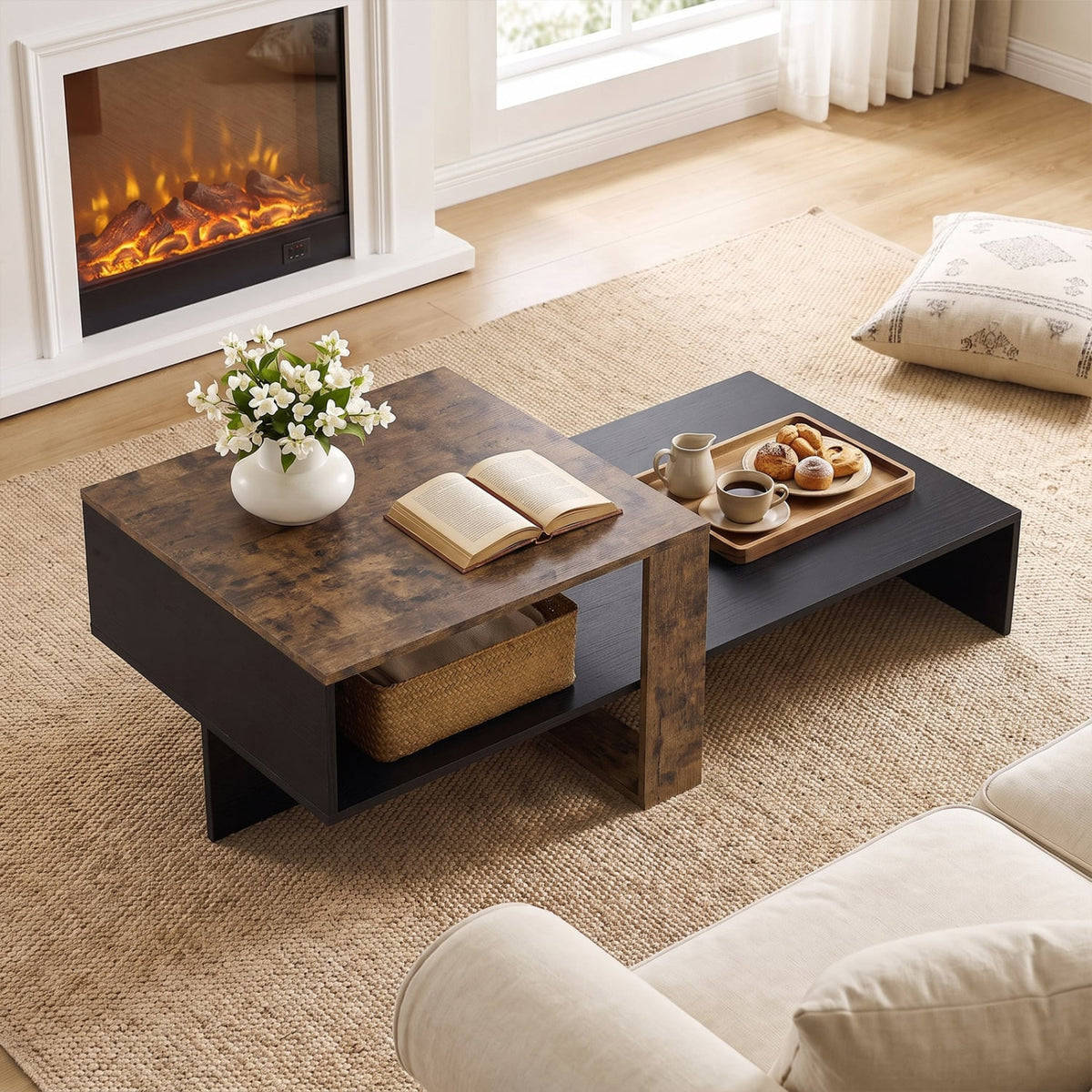 2-Tier Coffee Table Modern Irregular Center Table with Open Storage Shelf-Black & Brown-Coffee Tables-DECOROLALA