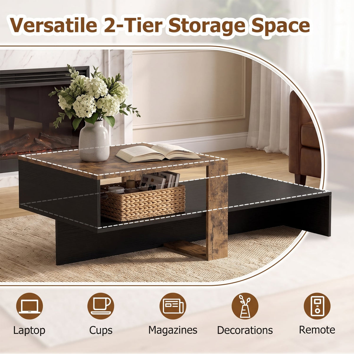 2-Tier Coffee Table Modern Irregular Center Table with Open Storage Shelf-Black & Brown-Coffee Tables-DECOROLALA