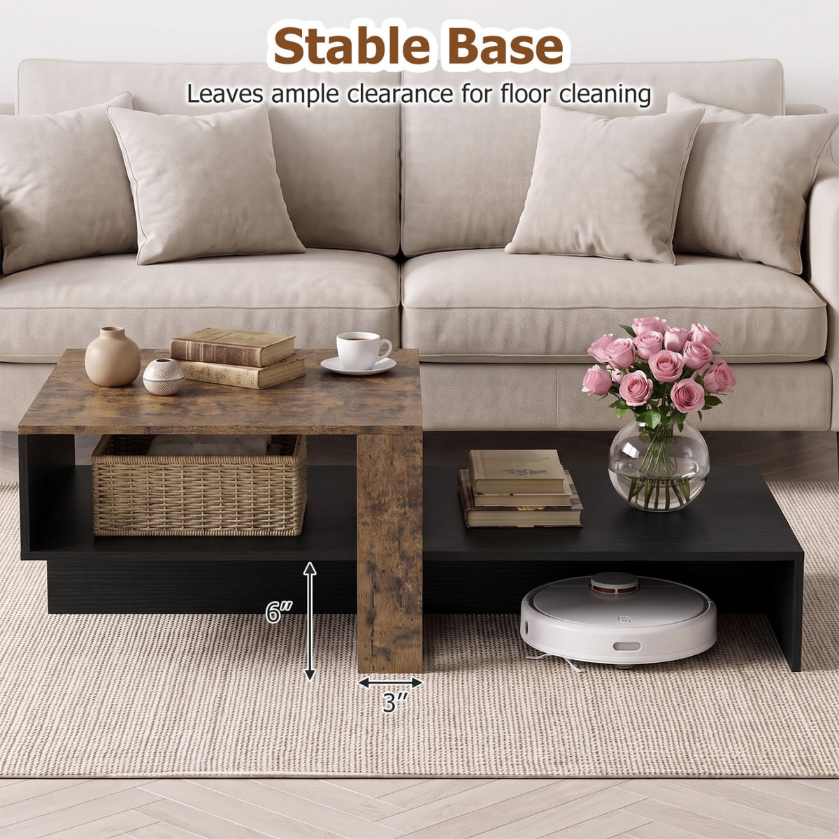 2-Tier Coffee Table Modern Irregular Center Table with Open Storage Shelf-Black & Brown-Coffee Tables-DECOROLALA