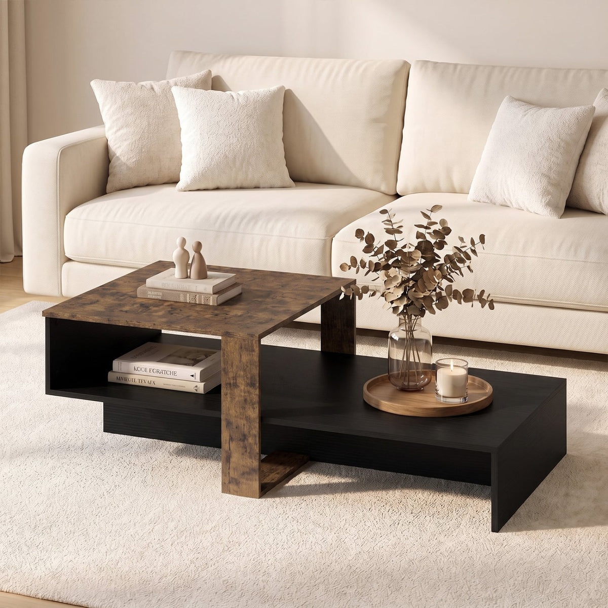 2-Tier Coffee Table Modern Irregular Center Table with Open Storage Shelf-Black & Brown-Coffee Tables-DECOROLALA