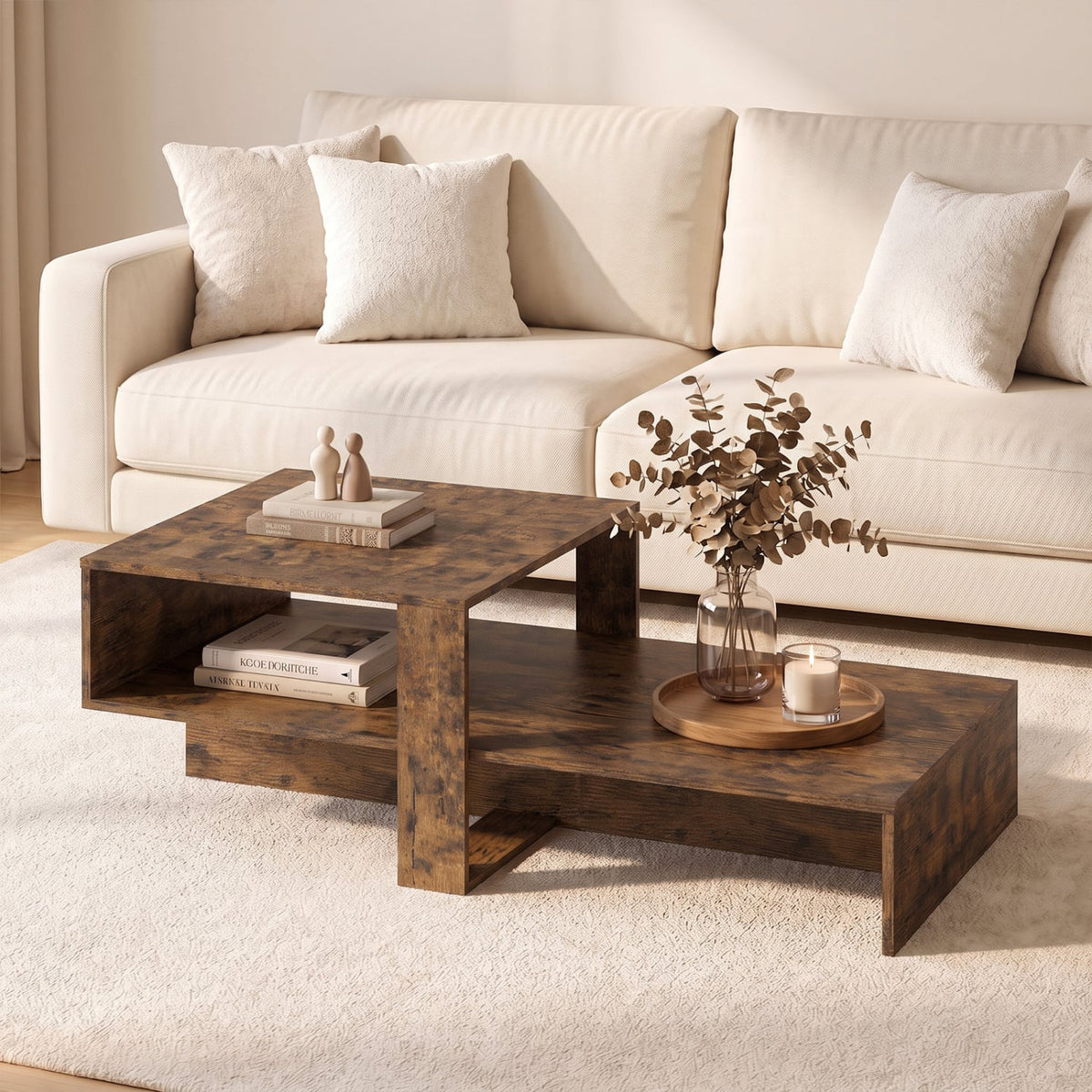 2-Tier Coffee Table Modern Irregular Center Table with Open Storage Shelf-Brown-Coffee Tables-DECOROLALA