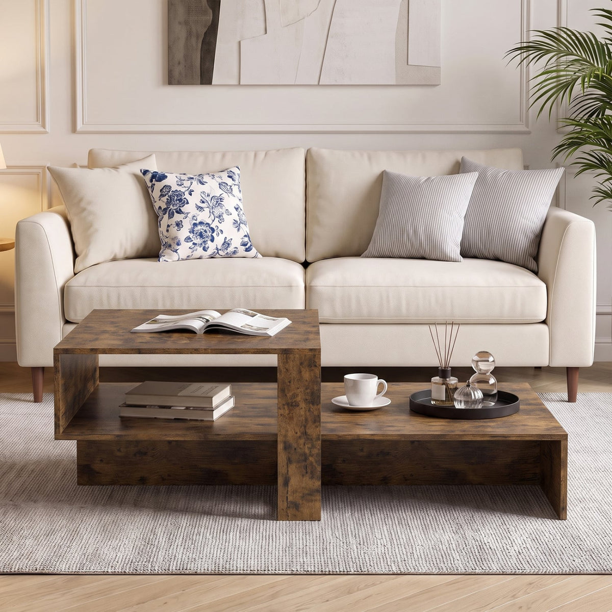 2-Tier Coffee Table Modern Irregular Center Table with Open Storage Shelf-Brown-Coffee Tables-DECOROLALA