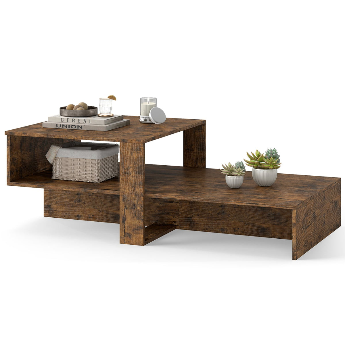 2-Tier Coffee Table Modern Irregular Center Table with Open Storage Shelf-Brown-Coffee Tables-DECOROLALA
