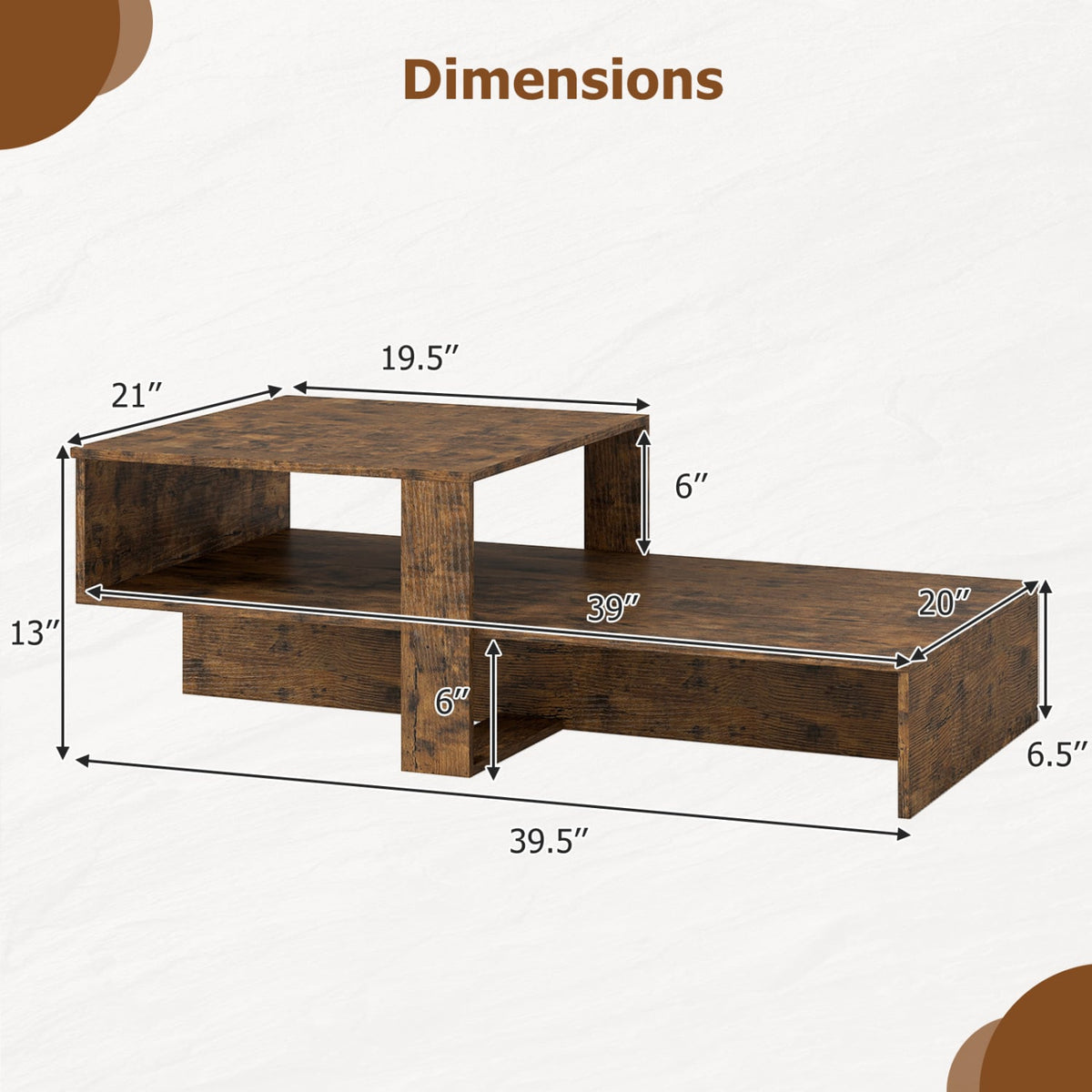 2-Tier Coffee Table Modern Irregular Center Table with Open Storage Shelf-Brown-Coffee Tables-DECOROLALA