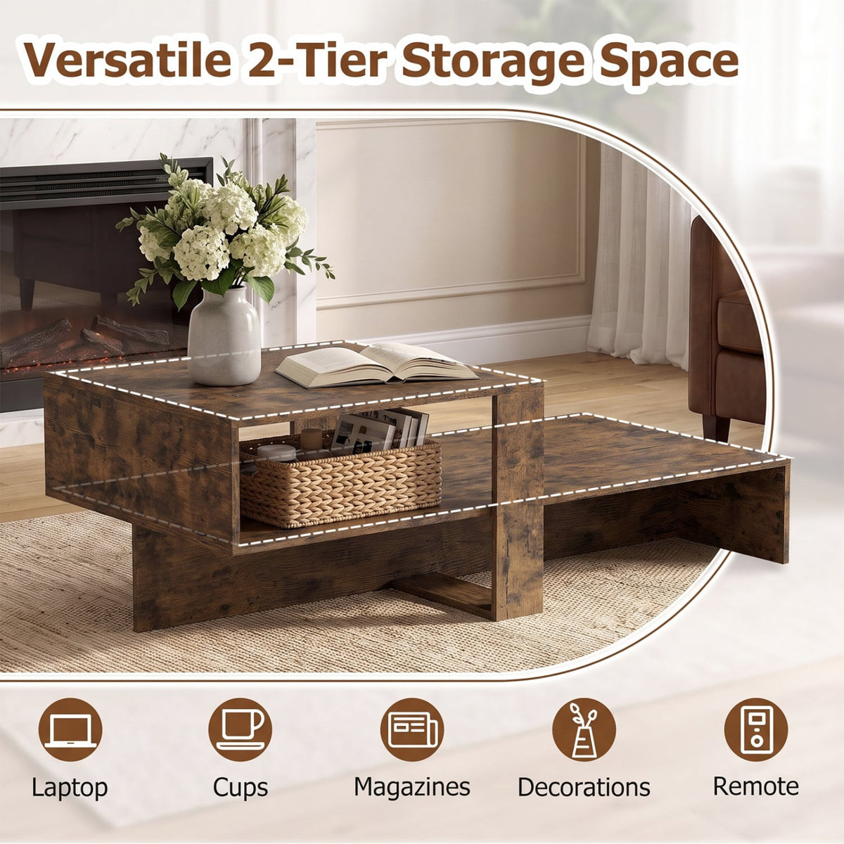 2-Tier Coffee Table Modern Irregular Center Table with Open Storage Shelf-Brown-Coffee Tables-DECOROLALA