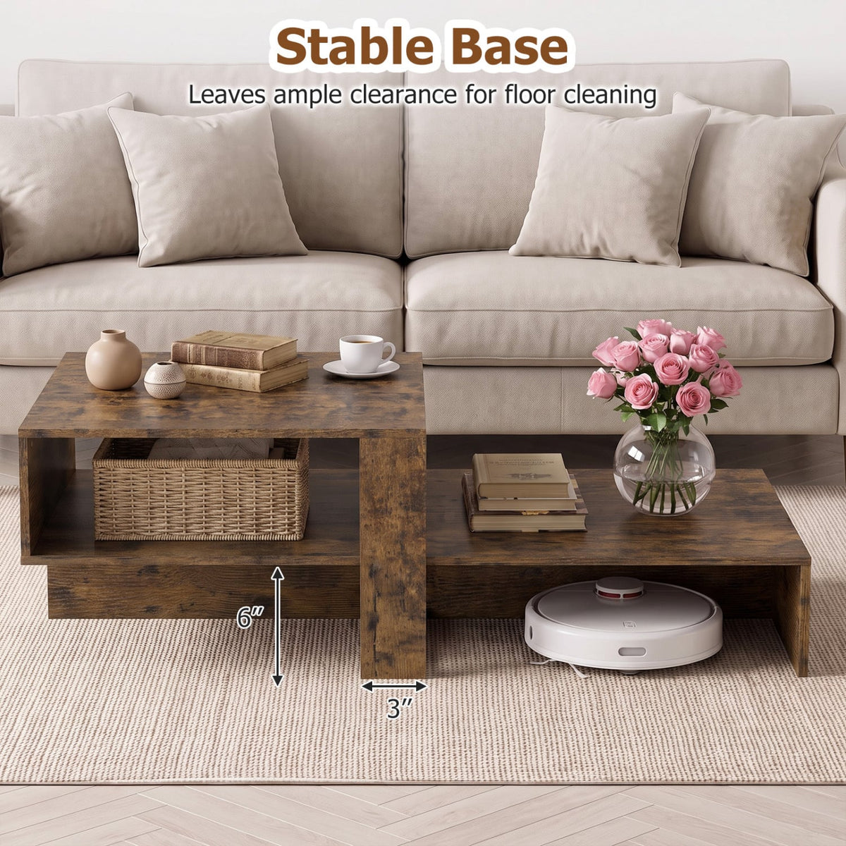 2-Tier Coffee Table Modern Irregular Center Table with Open Storage Shelf-Brown-Coffee Tables-DECOROLALA