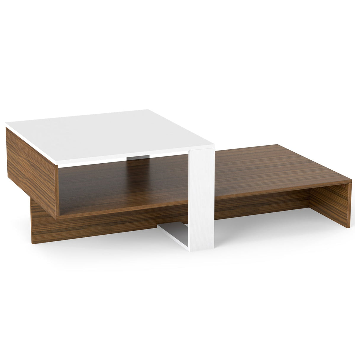 2-Tier Coffee Table Modern Irregular Center Table with Open Storage Shelf-White & Brown-Coffee Tables-DECOROLALA