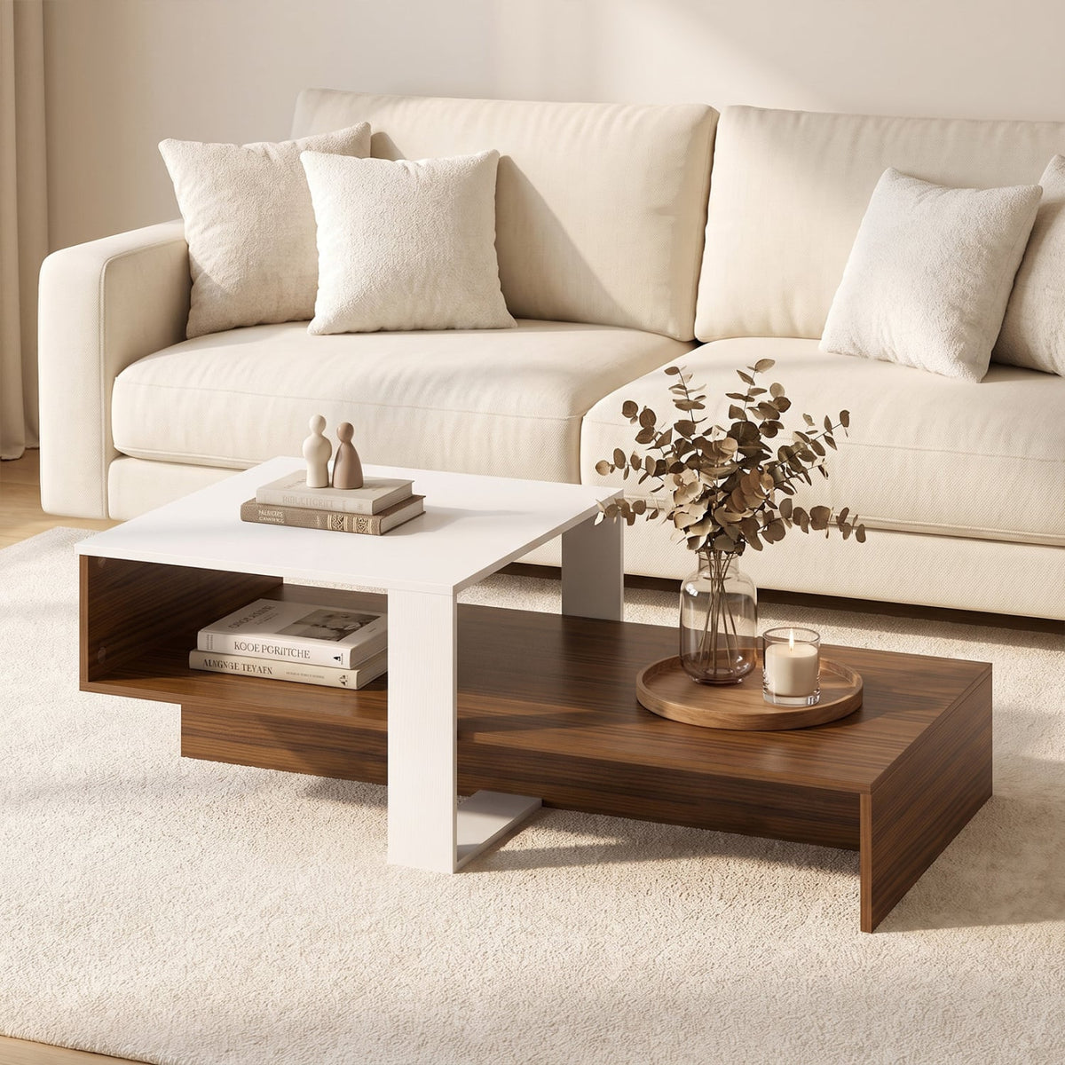 2-Tier Coffee Table Modern Irregular Center Table with Open Storage Shelf-White & Brown-Coffee Tables-DECOROLALA