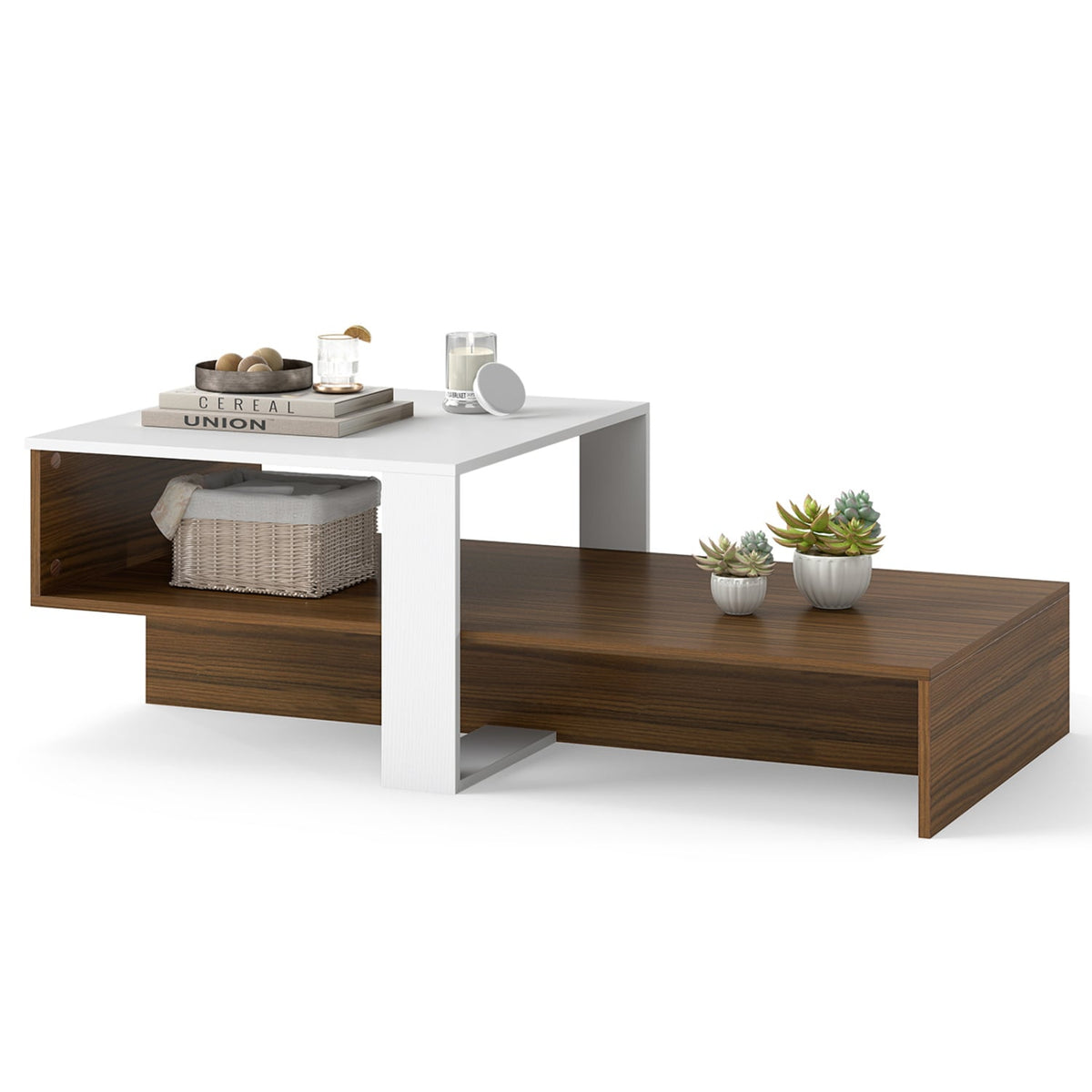2-Tier Coffee Table Modern Irregular Center Table with Open Storage Shelf-White & Brown-Coffee Tables-DECOROLALA