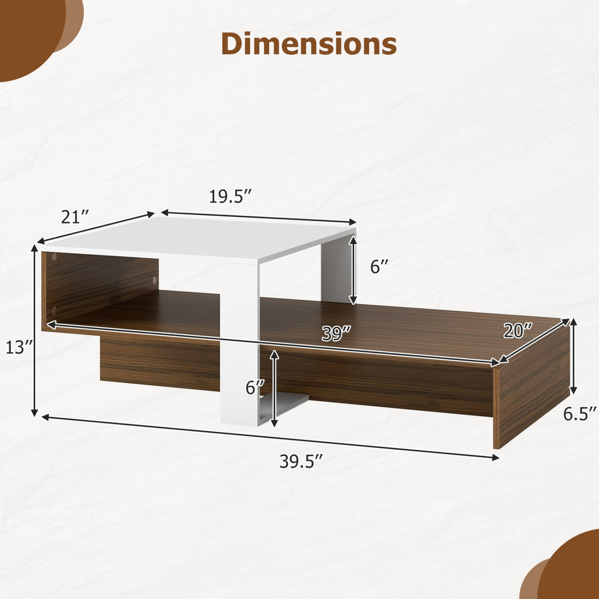 2-Tier Coffee Table Modern Irregular Center Table with Open Storage Shelf-White & Brown-Coffee Tables-DECOROLALA