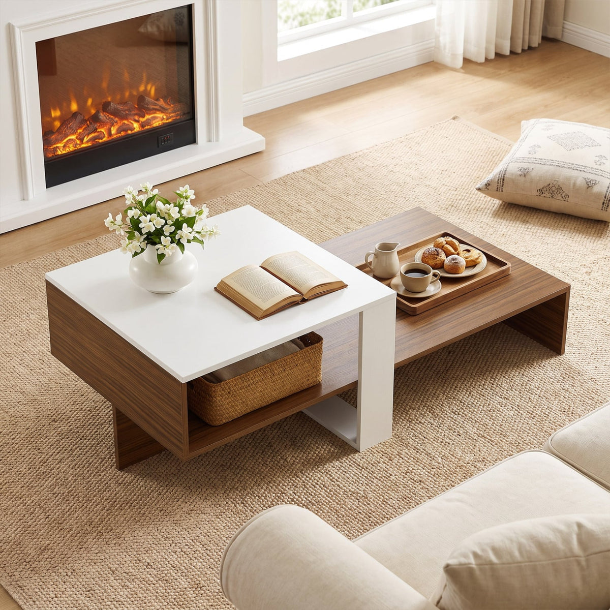 2-Tier Coffee Table Modern Irregular Center Table with Open Storage Shelf-White & Brown-Coffee Tables-DECOROLALA