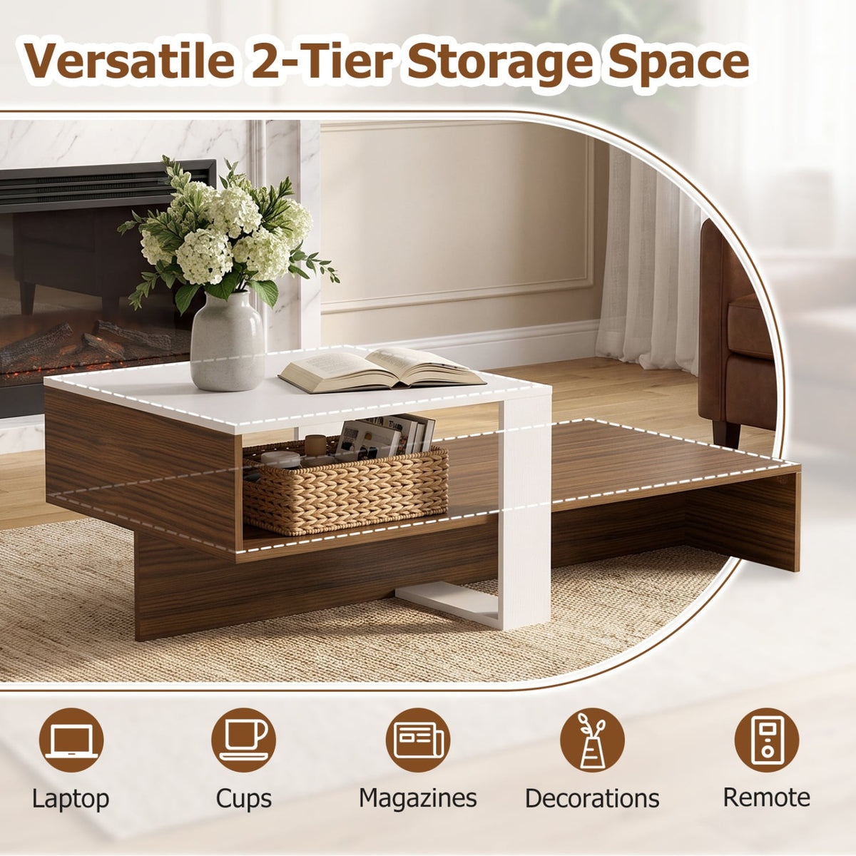2-Tier Coffee Table Modern Irregular Center Table with Open Storage Shelf-White & Brown-Coffee Tables-DECOROLALA