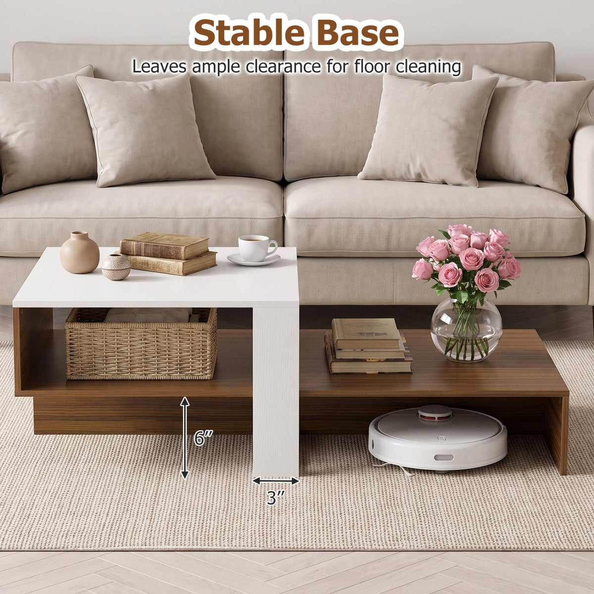 2-Tier Coffee Table Modern Irregular Center Table with Open Storage Shelf-White & Brown-Coffee Tables-DECOROLALA