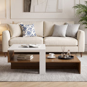 2-Tier Coffee Table Modern Irregular Center Table with Open Storage Shelf-White & Brown-Coffee Tables-DECOROLALA