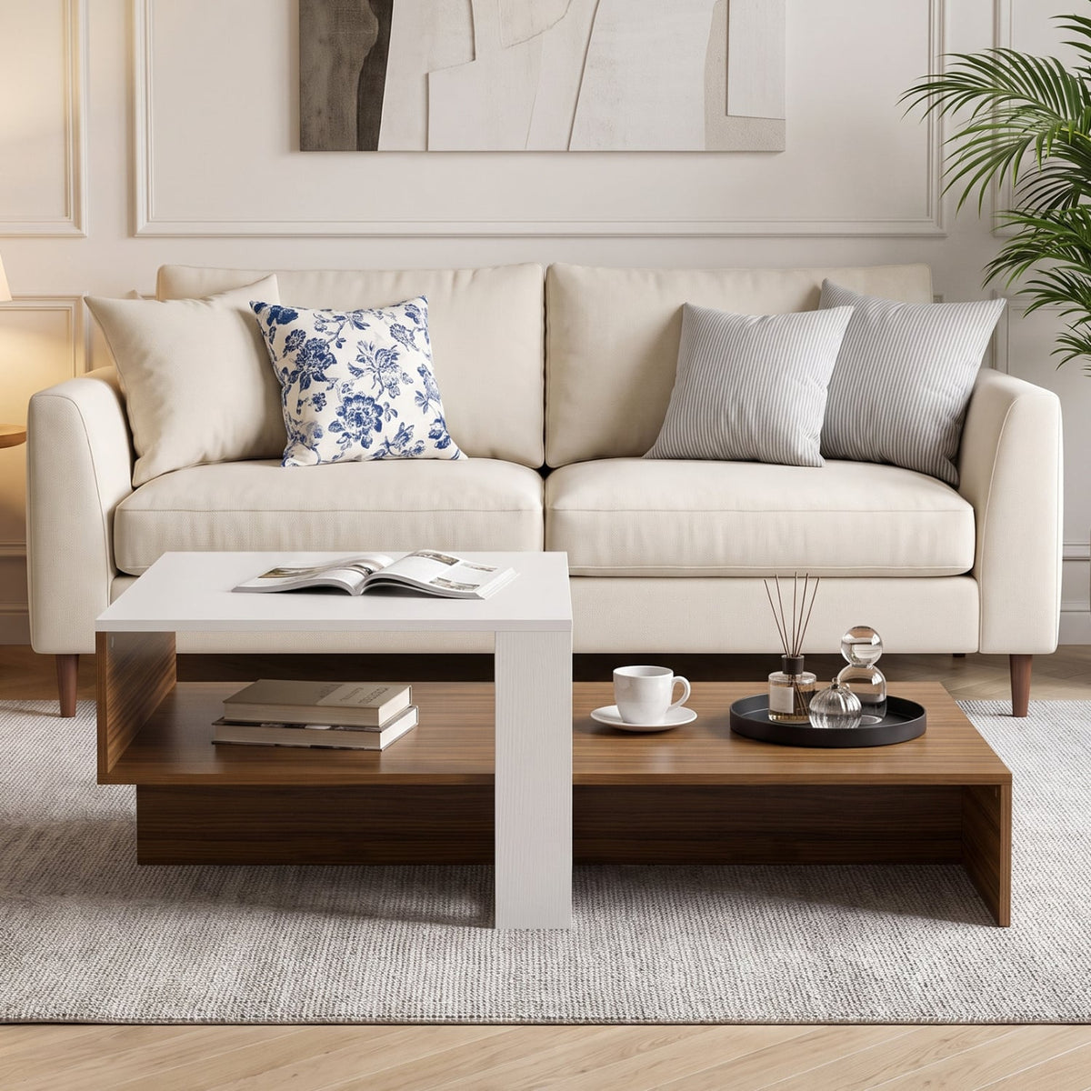 2-Tier Coffee Table Modern Irregular Center Table with Open Storage Shelf-White & Brown-Coffee Tables-DECOROLALA
