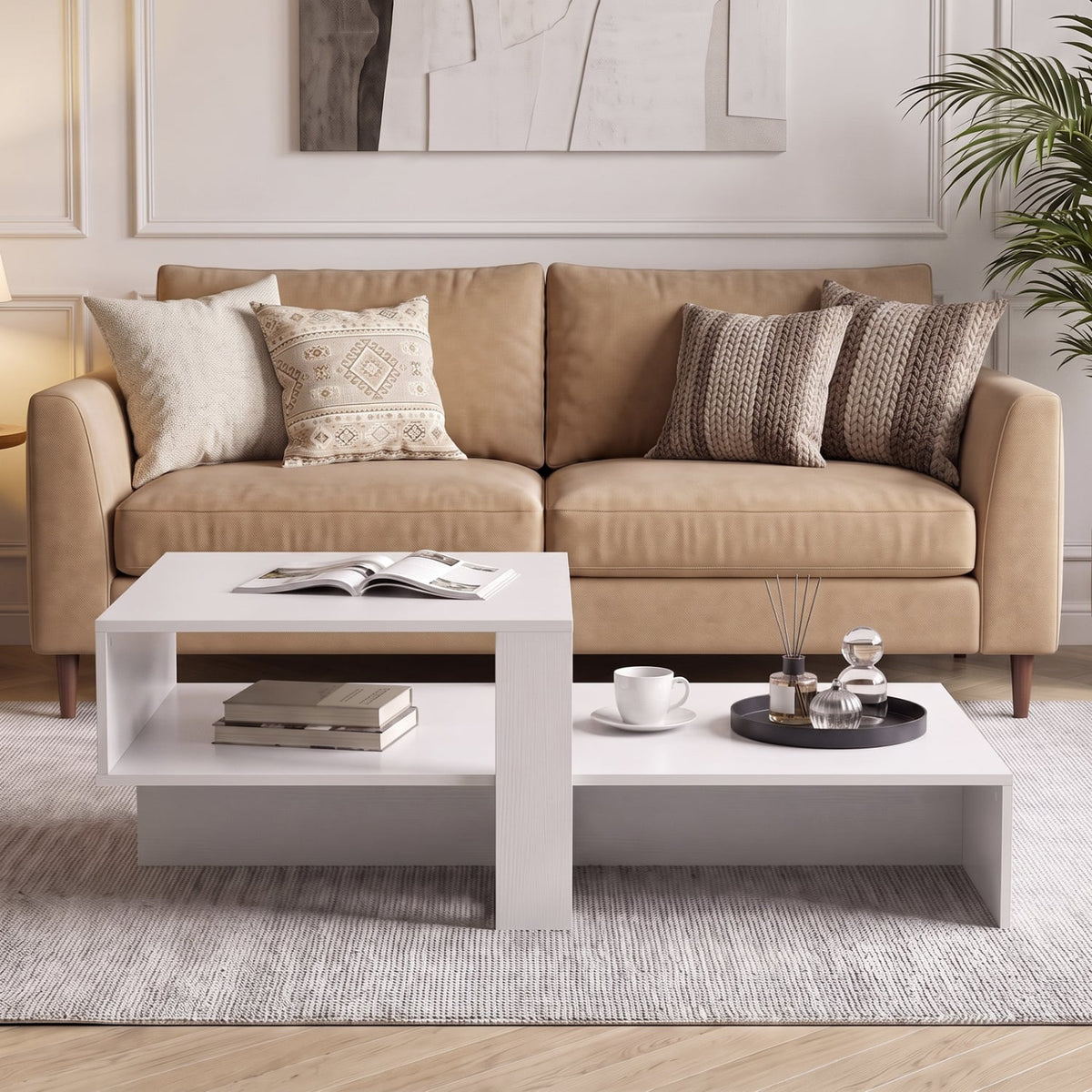 2-Tier Coffee Table Modern Irregular Center Table with Open Storage Shelf-White-Coffee Tables-DECOROLALA