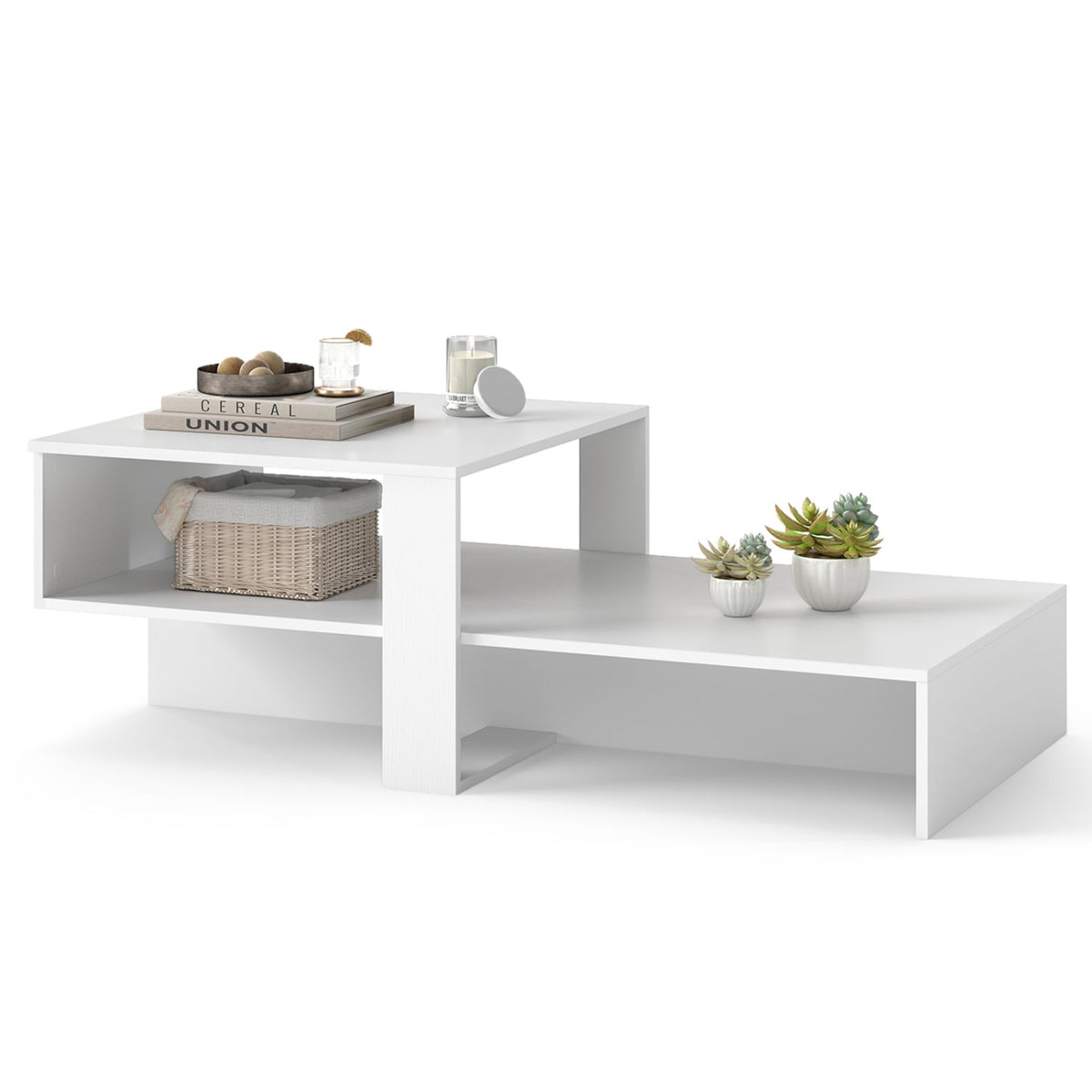 2-Tier Coffee Table Modern Irregular Center Table with Open Storage Shelf-White-Coffee Tables-DECOROLALA