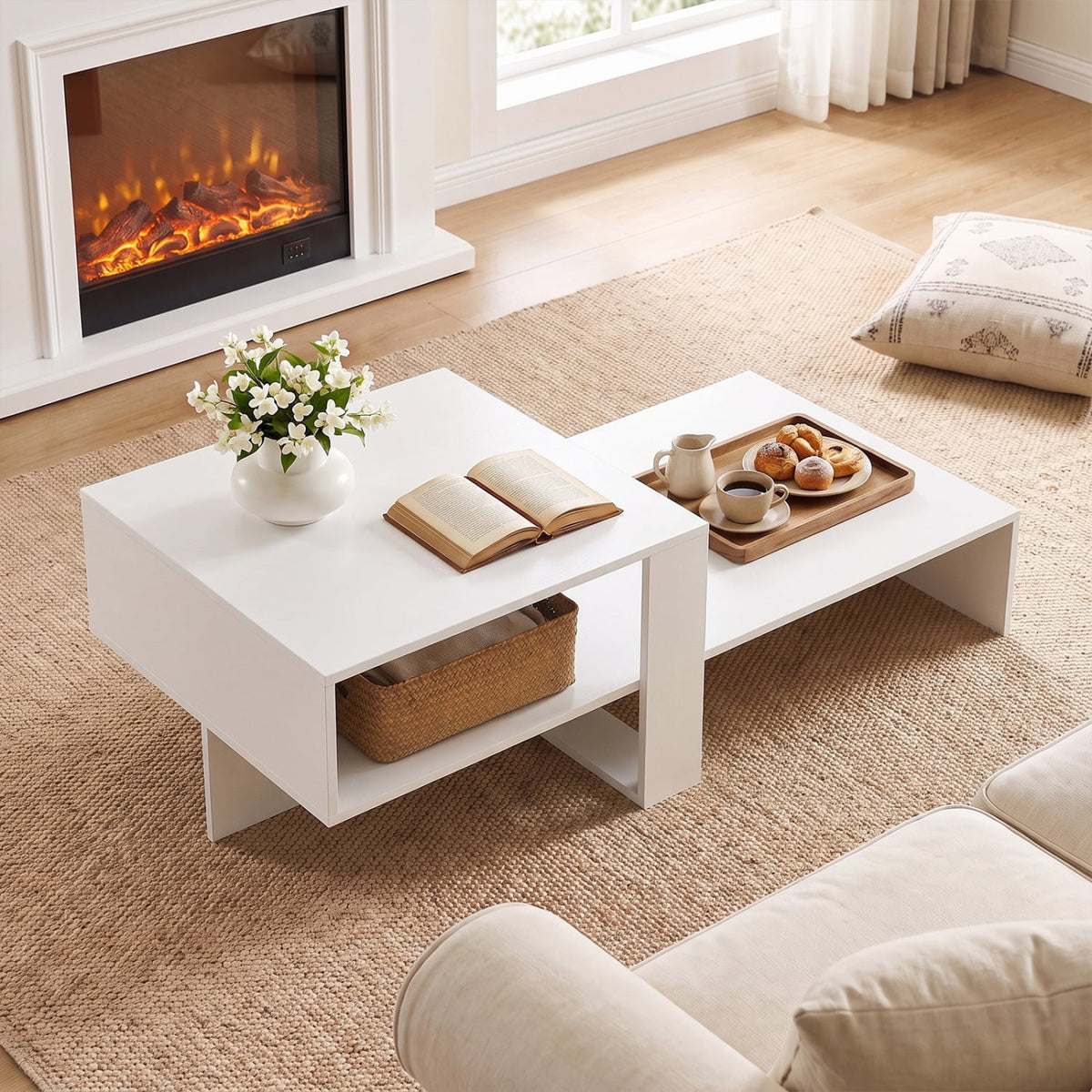 2-Tier Coffee Table Modern Irregular Center Table with Open Storage Shelf-White-Coffee Tables-DECOROLALA