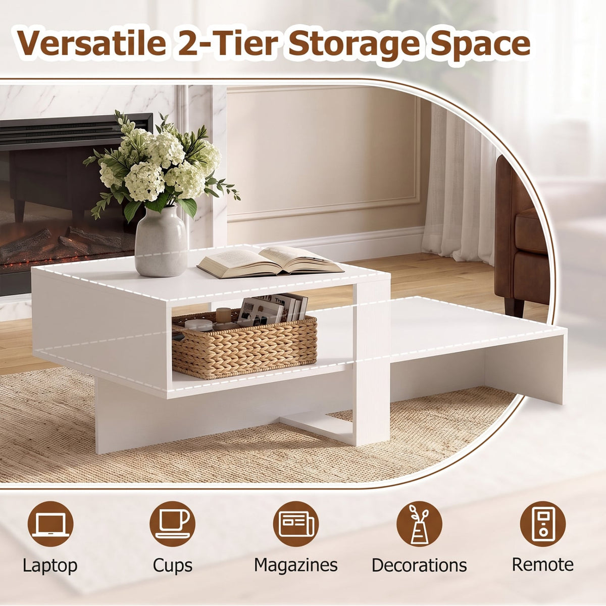 2-Tier Coffee Table Modern Irregular Center Table with Open Storage Shelf-White-Coffee Tables-DECOROLALA