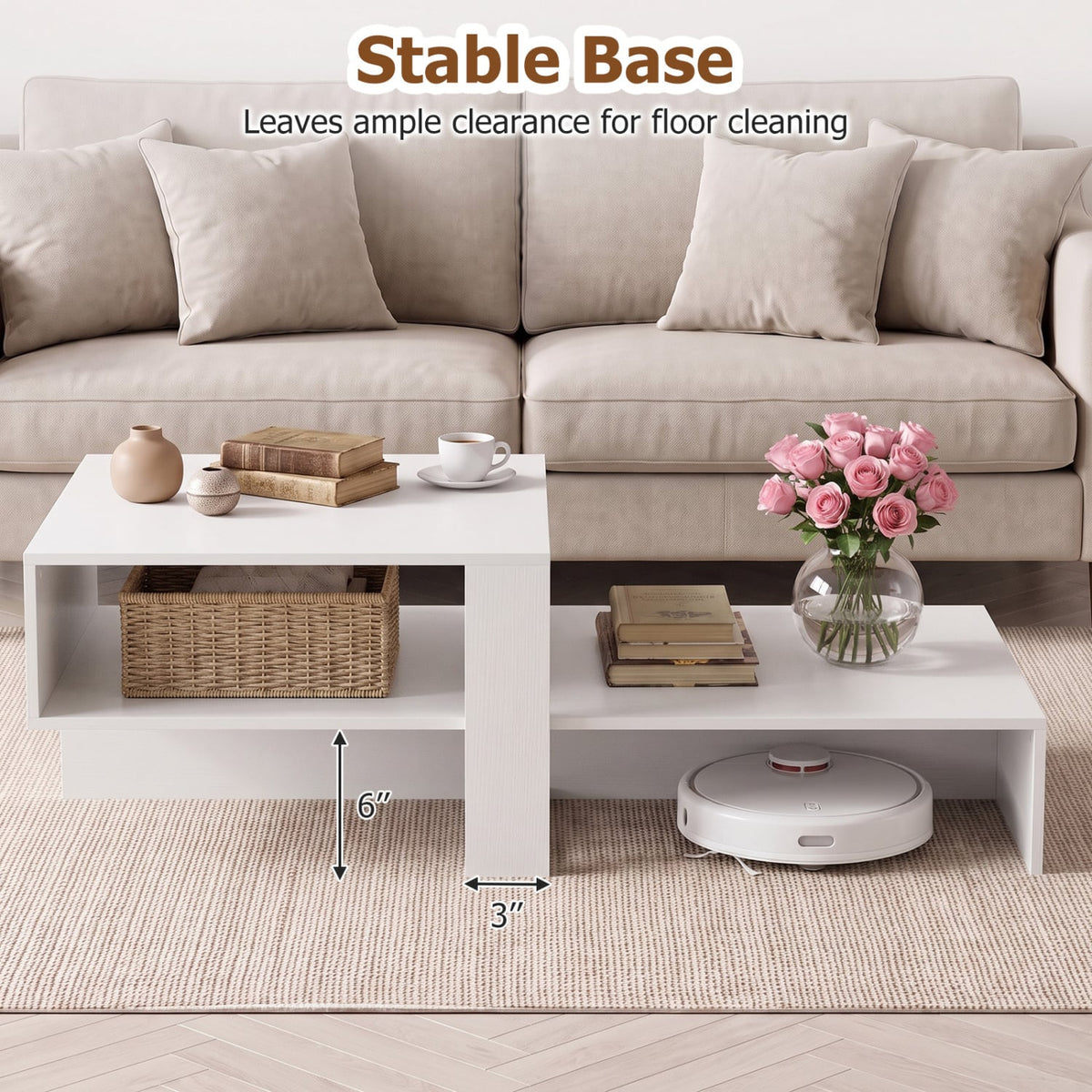2-Tier Coffee Table Modern Irregular Center Table with Open Storage Shelf-White-Coffee Tables-DECOROLALA