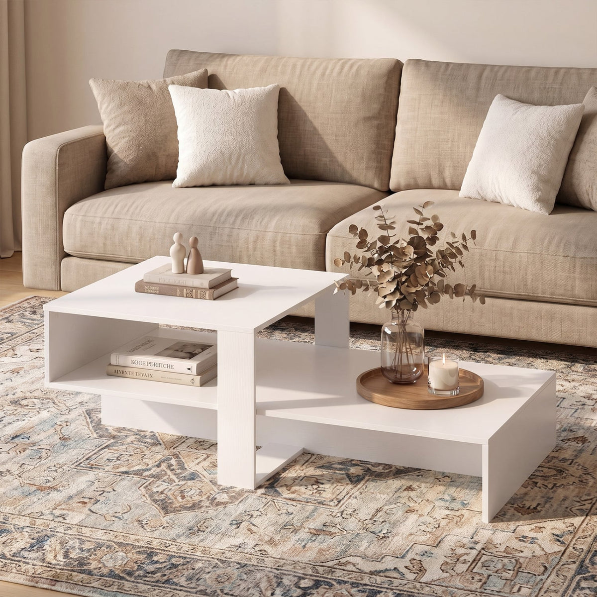2-Tier Coffee Table Modern Irregular Center Table with Open Storage Shelf-White-Coffee Tables-DECOROLALA