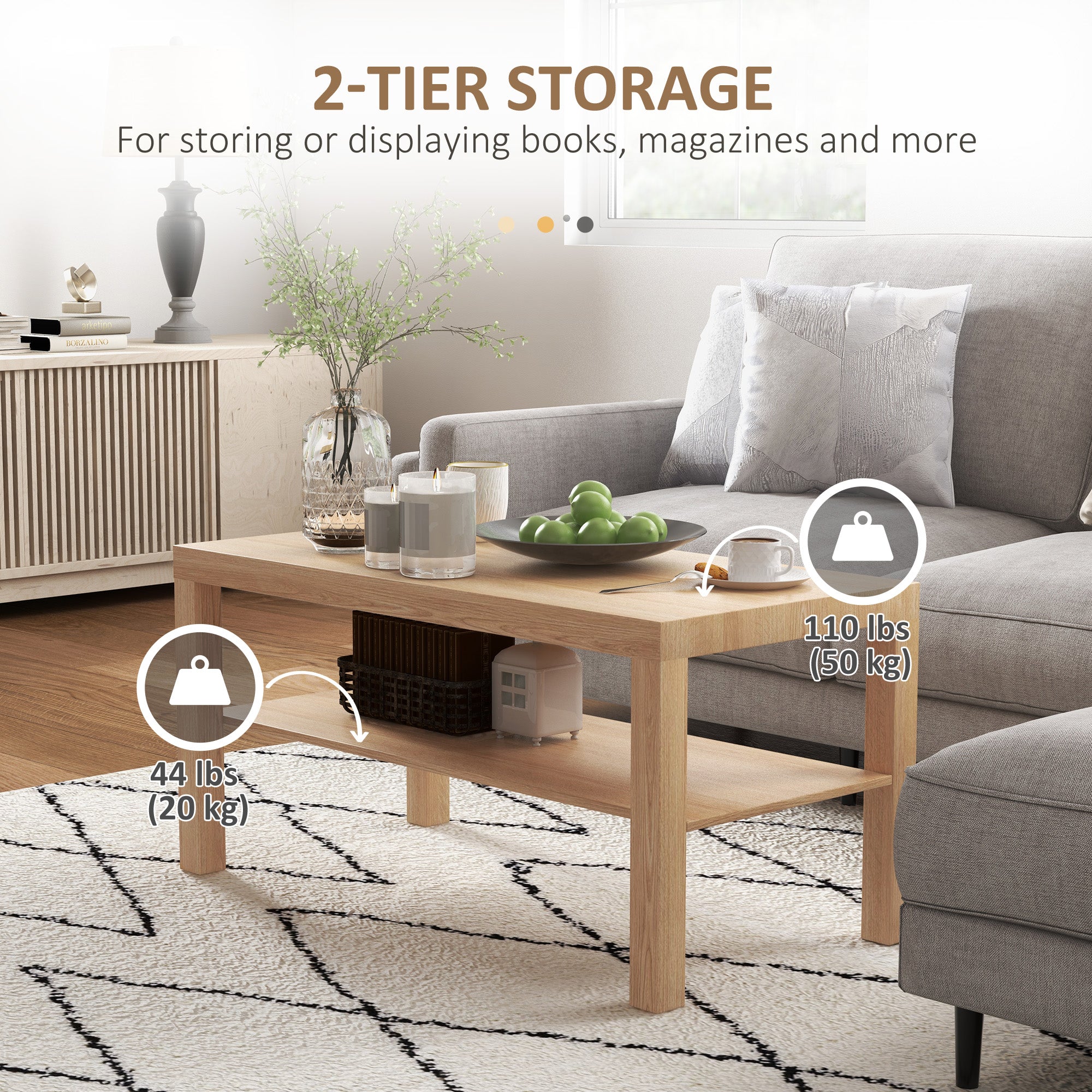 2-Tier Coffee Table with Storage Shelf - Natural Wood 35.5"-Home Furnishings > Living Room Furniture > Coffee Tables-DECOROLALA