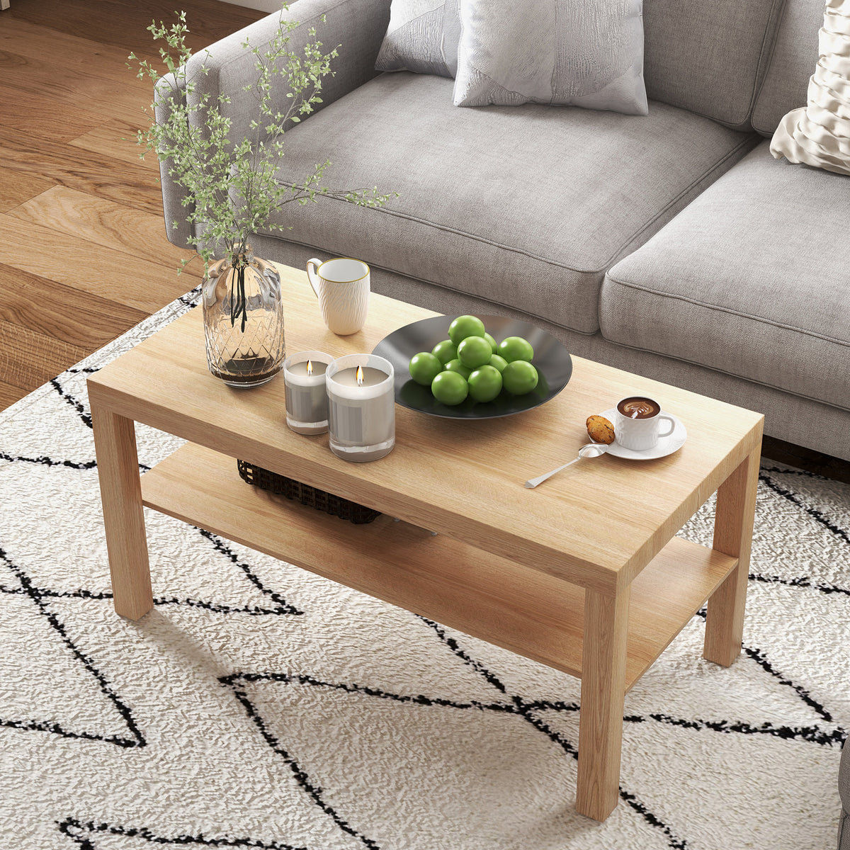 2-Tier Coffee Table with Storage Shelf - Natural Wood 35.5"-Home Furnishings > Living Room Furniture > Coffee Tables-DECOROLALA