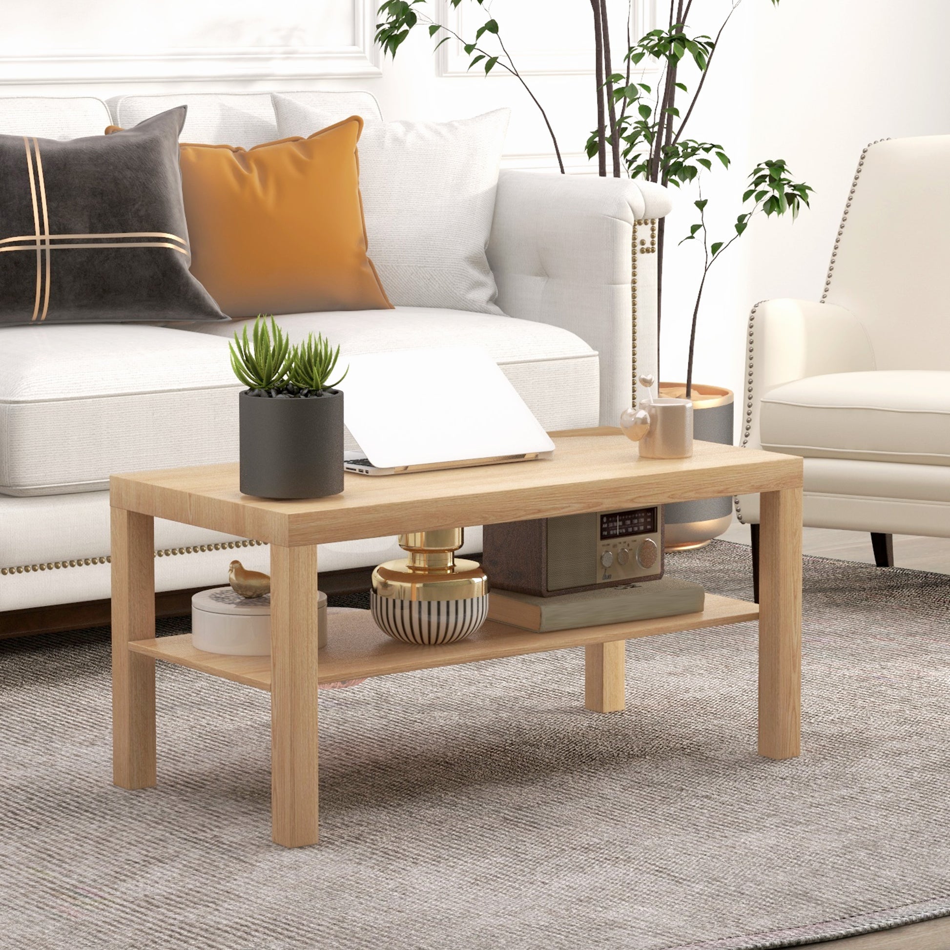 2-Tier Coffee Table with Storage Shelf - Natural Wood 35.5"-Home Furnishings > Living Room Furniture > Coffee Tables-DECOROLALA