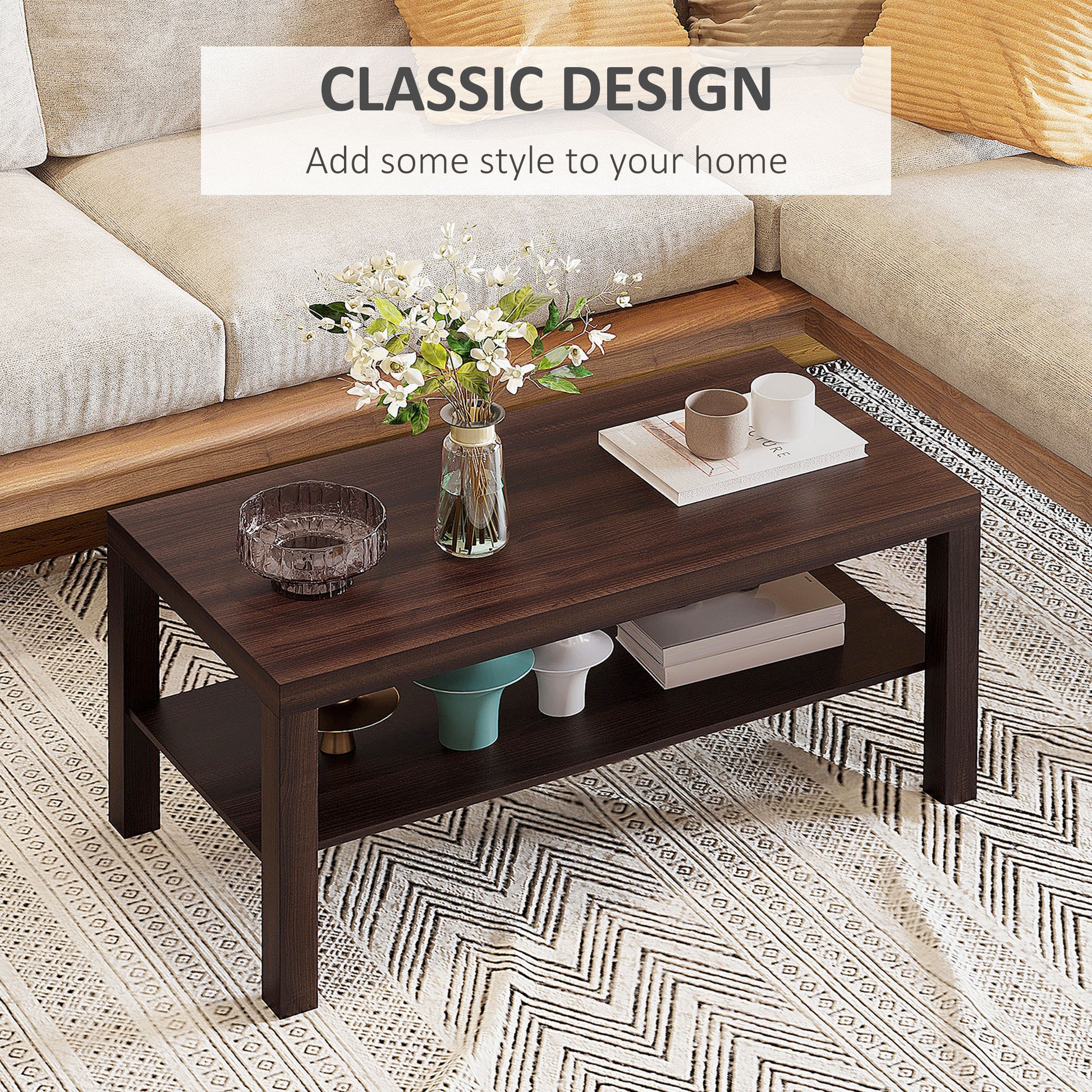 2-Tier Coffee Table with Storage - Walnut 35.5"L-Home Furnishings > Living Room Furniture > Coffee Tables-DECOROLALA