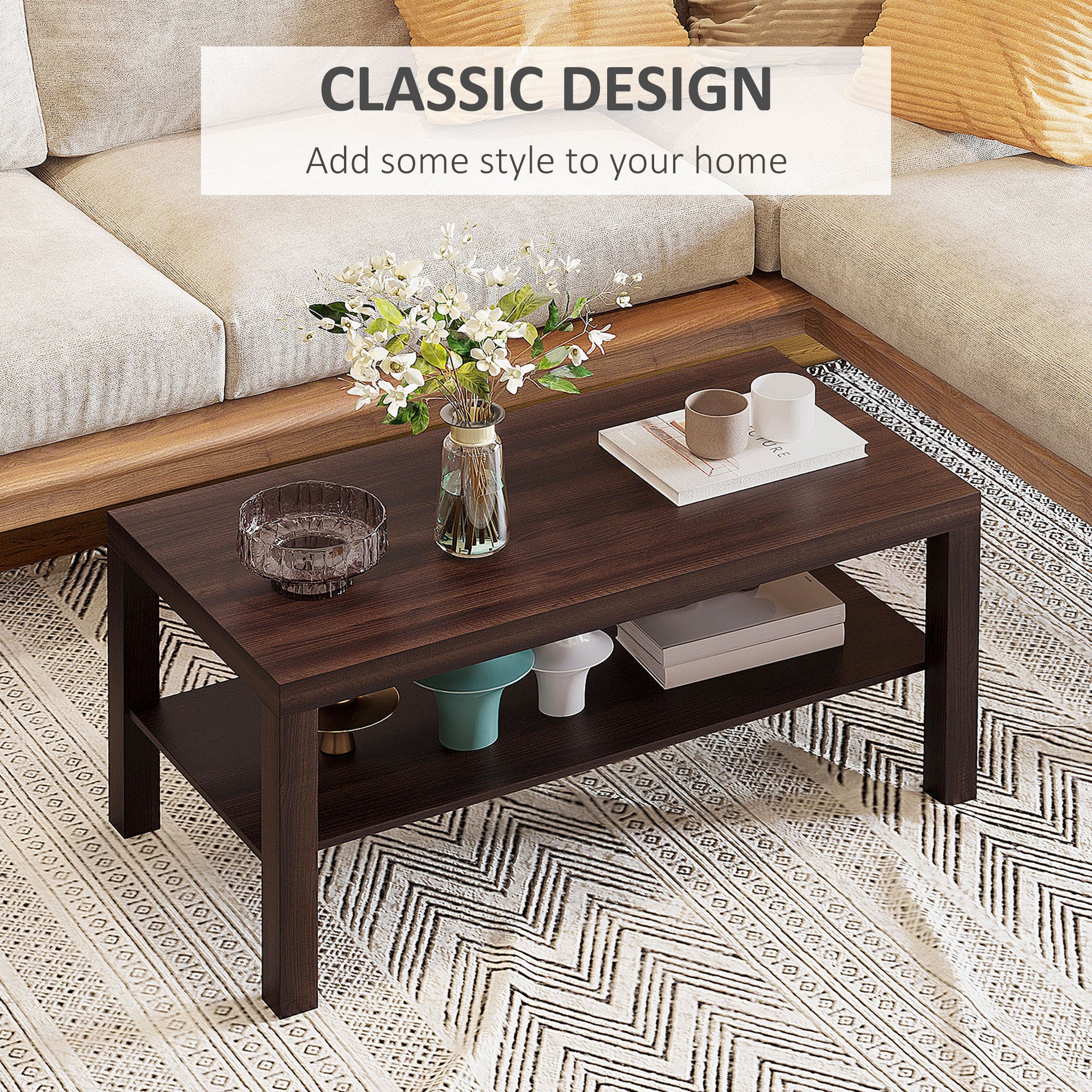 2-Tier Coffee Table with Storage - Walnut 35.5"L-Home Furnishings > Living Room Furniture > Coffee Tables-DECOROLALA