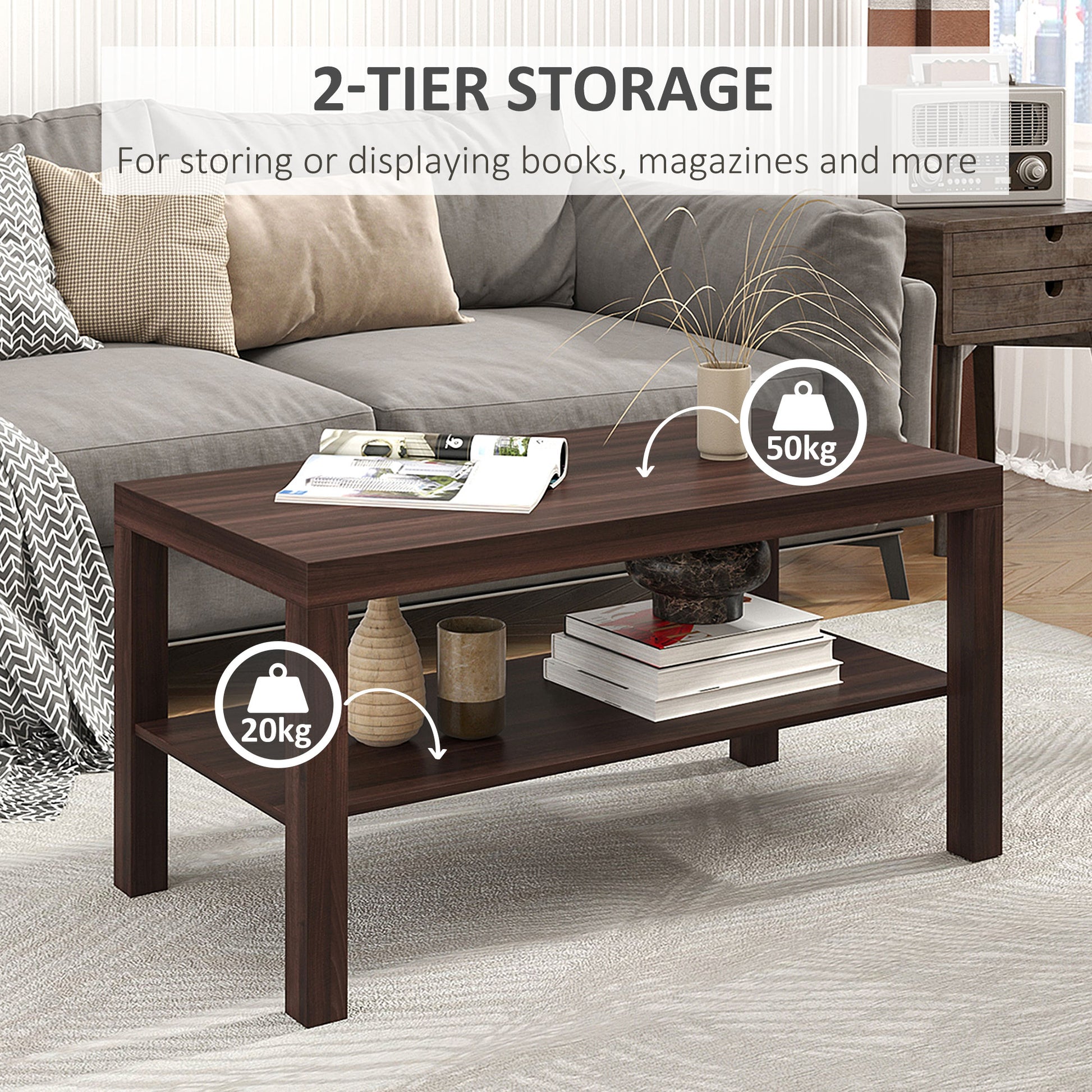 2-Tier Coffee Table with Storage - Walnut 35.5"L-Home Furnishings > Living Room Furniture > Coffee Tables-DECOROLALA