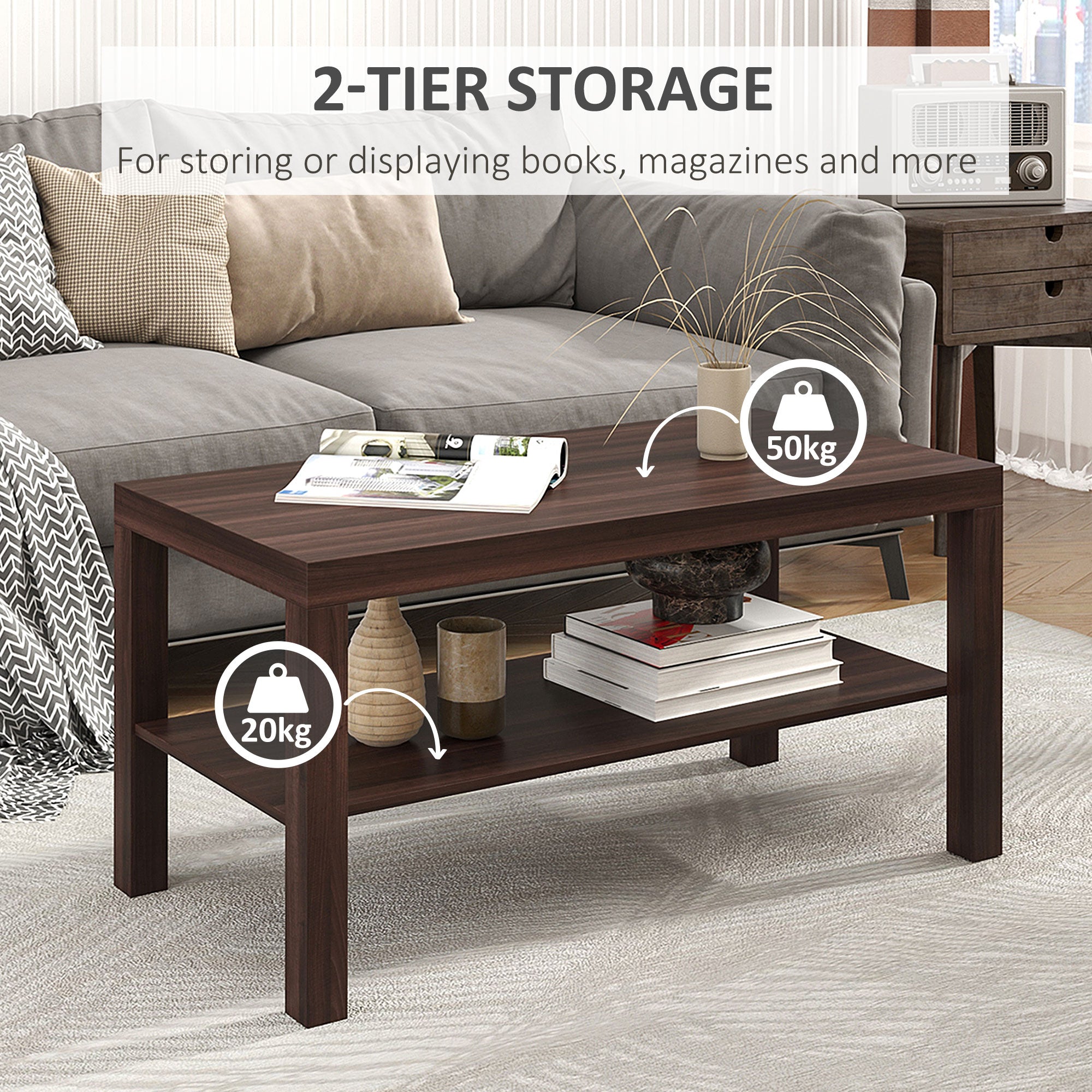 2-Tier Coffee Table with Storage - Walnut 35.5"L-Home Furnishings > Living Room Furniture > Coffee Tables-DECOROLALA
