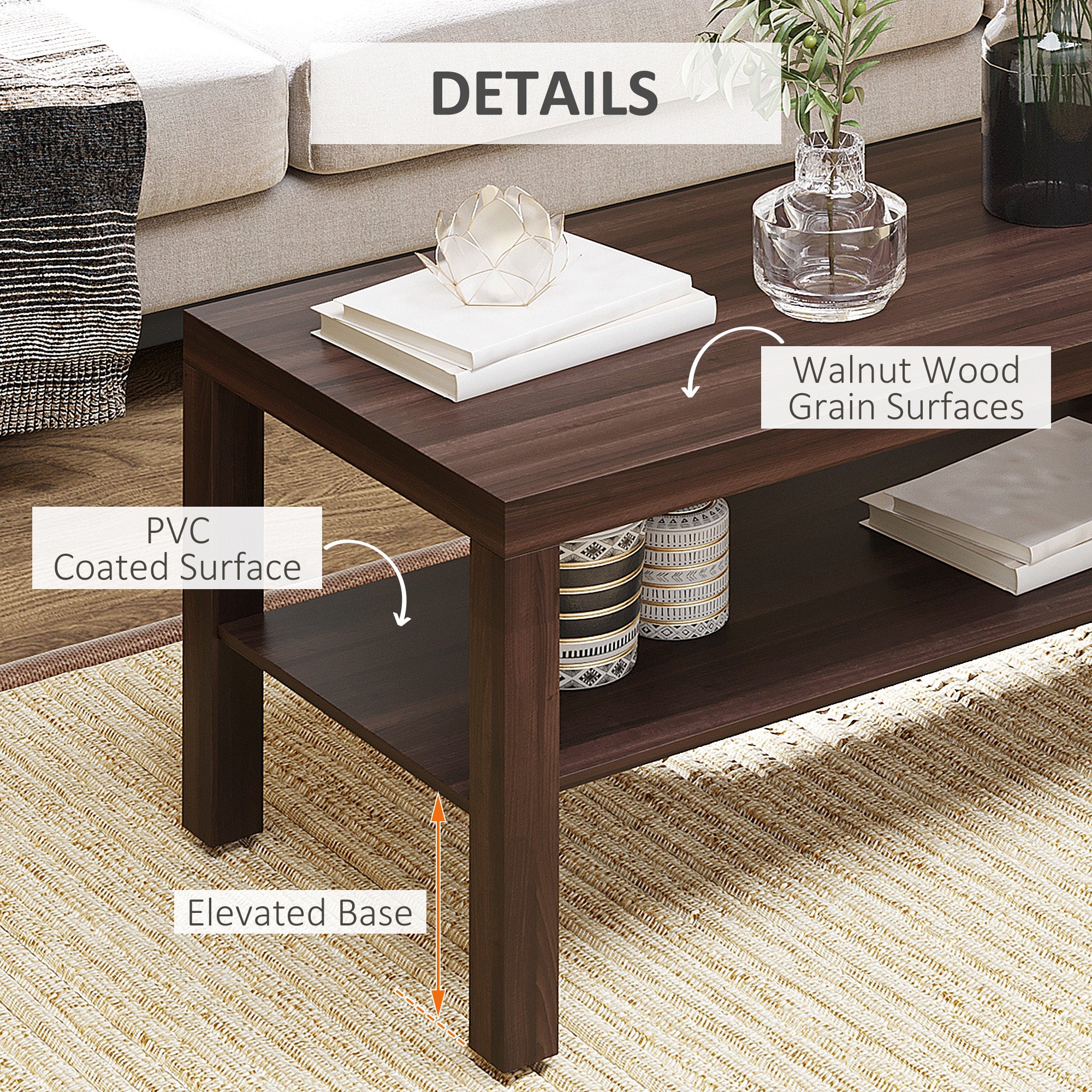 2-Tier Coffee Table with Storage - Walnut 35.5"L-Home Furnishings > Living Room Furniture > Coffee Tables-DECOROLALA