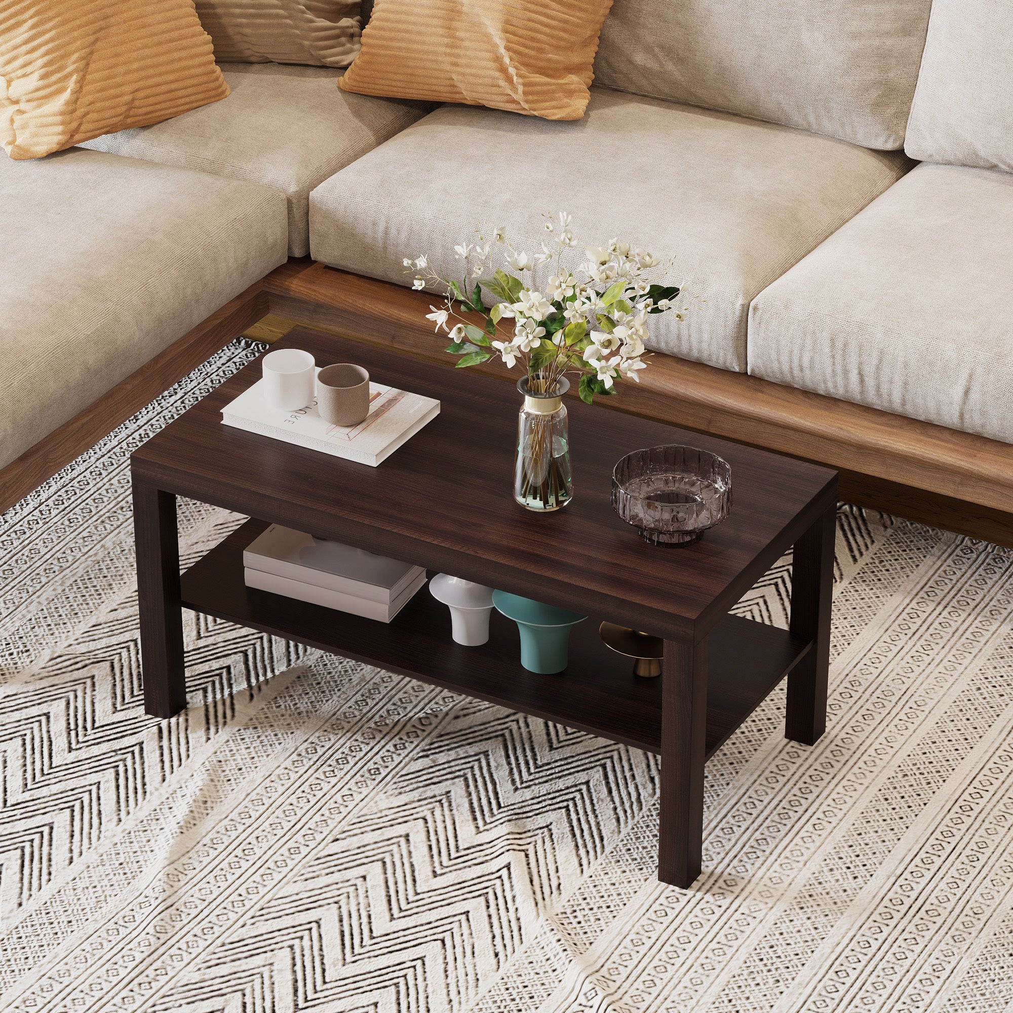 2-Tier Coffee Table with Storage - Walnut 35.5"L-Home Furnishings > Living Room Furniture > Coffee Tables-DECOROLALA