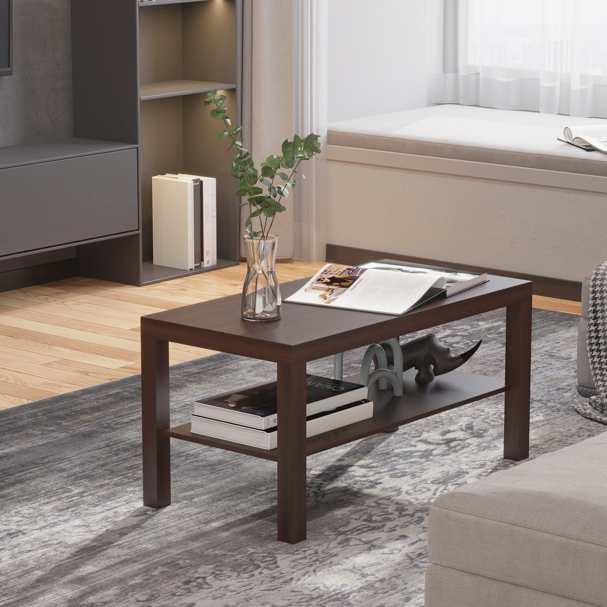 2-Tier Coffee Table with Storage - Walnut 35.5"L-Home Furnishings > Living Room Furniture > Coffee Tables-DECOROLALA
