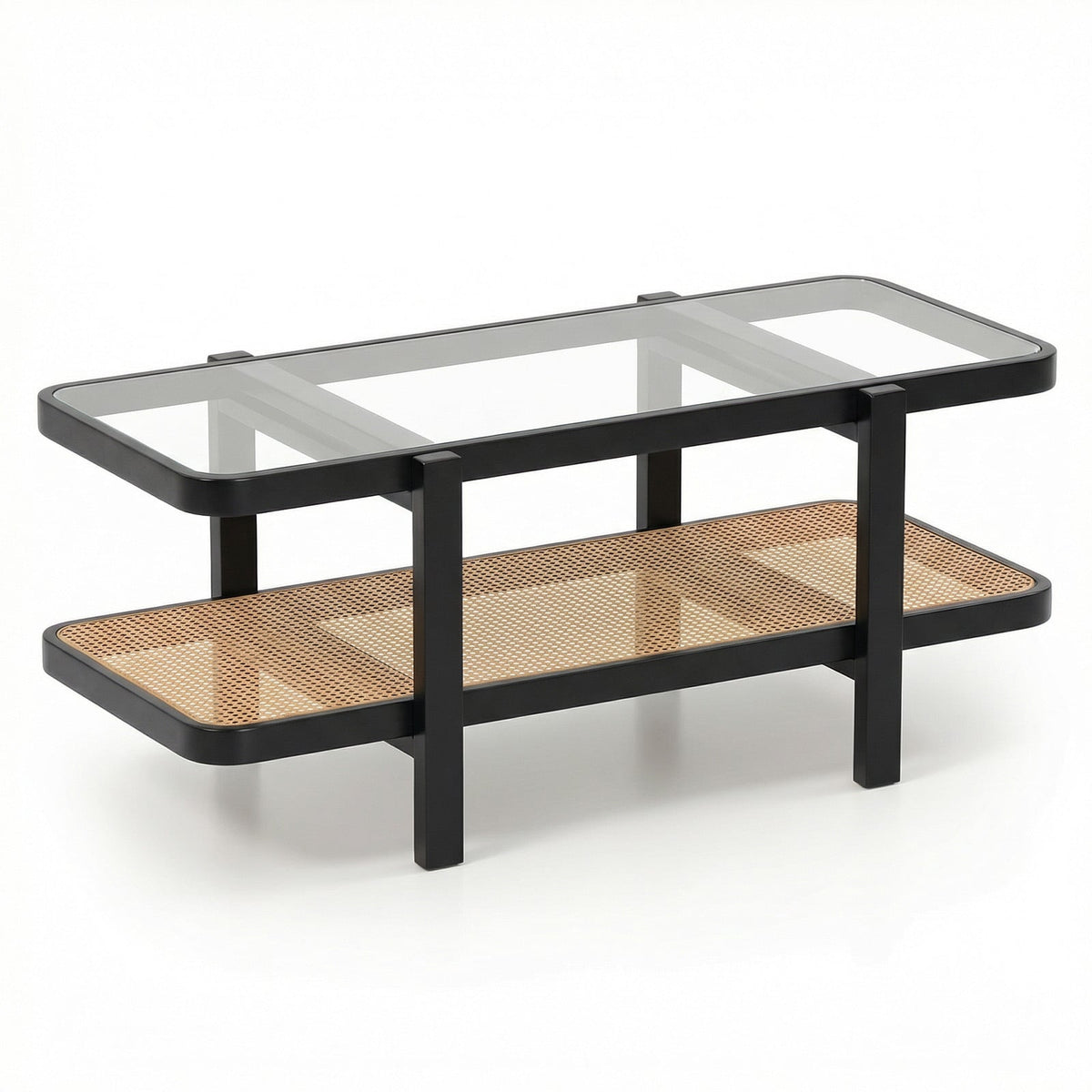 2-Tier Coffee Table with Storage and Tempered Glass Tabletop-Black-Coffee Tables-DECOROLALA