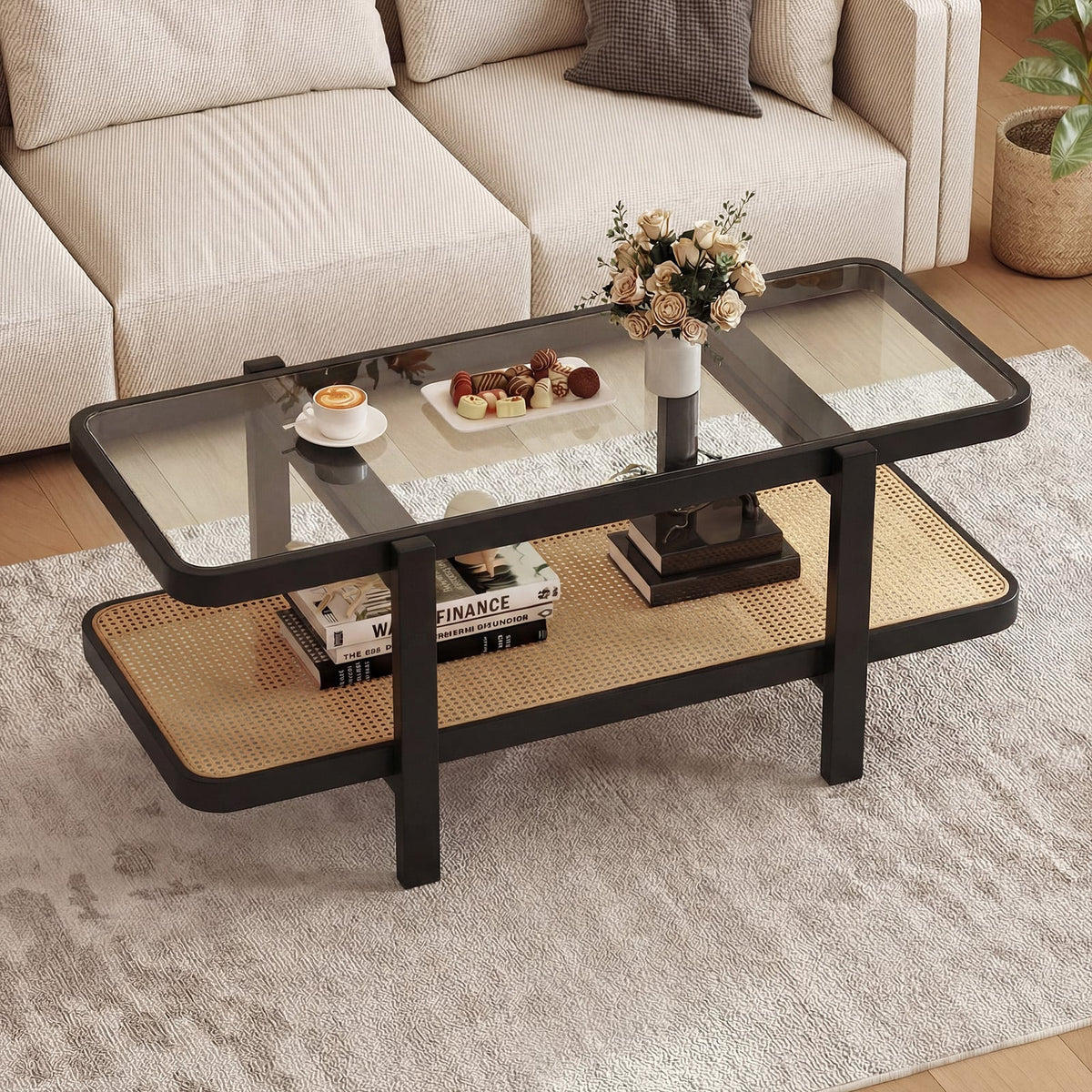 2-Tier Coffee Table with Storage and Tempered Glass Tabletop-Black-Coffee Tables-DECOROLALA