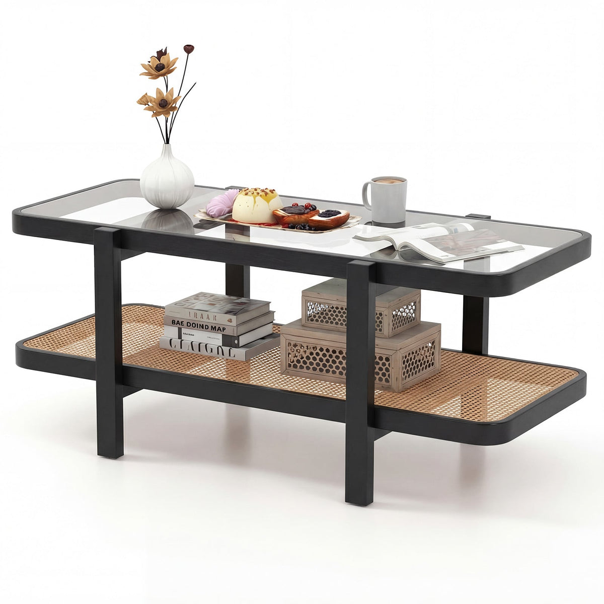 2-Tier Coffee Table with Storage and Tempered Glass Tabletop-Black-Coffee Tables-DECOROLALA