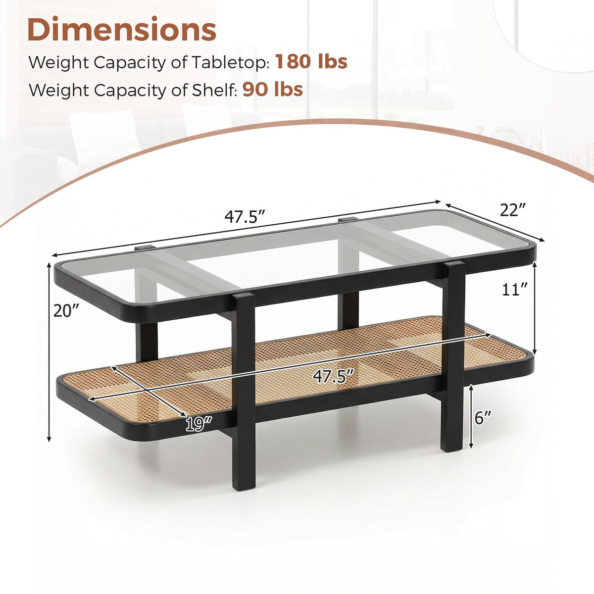 2-Tier Coffee Table with Storage and Tempered Glass Tabletop-Black-Coffee Tables-DECOROLALA