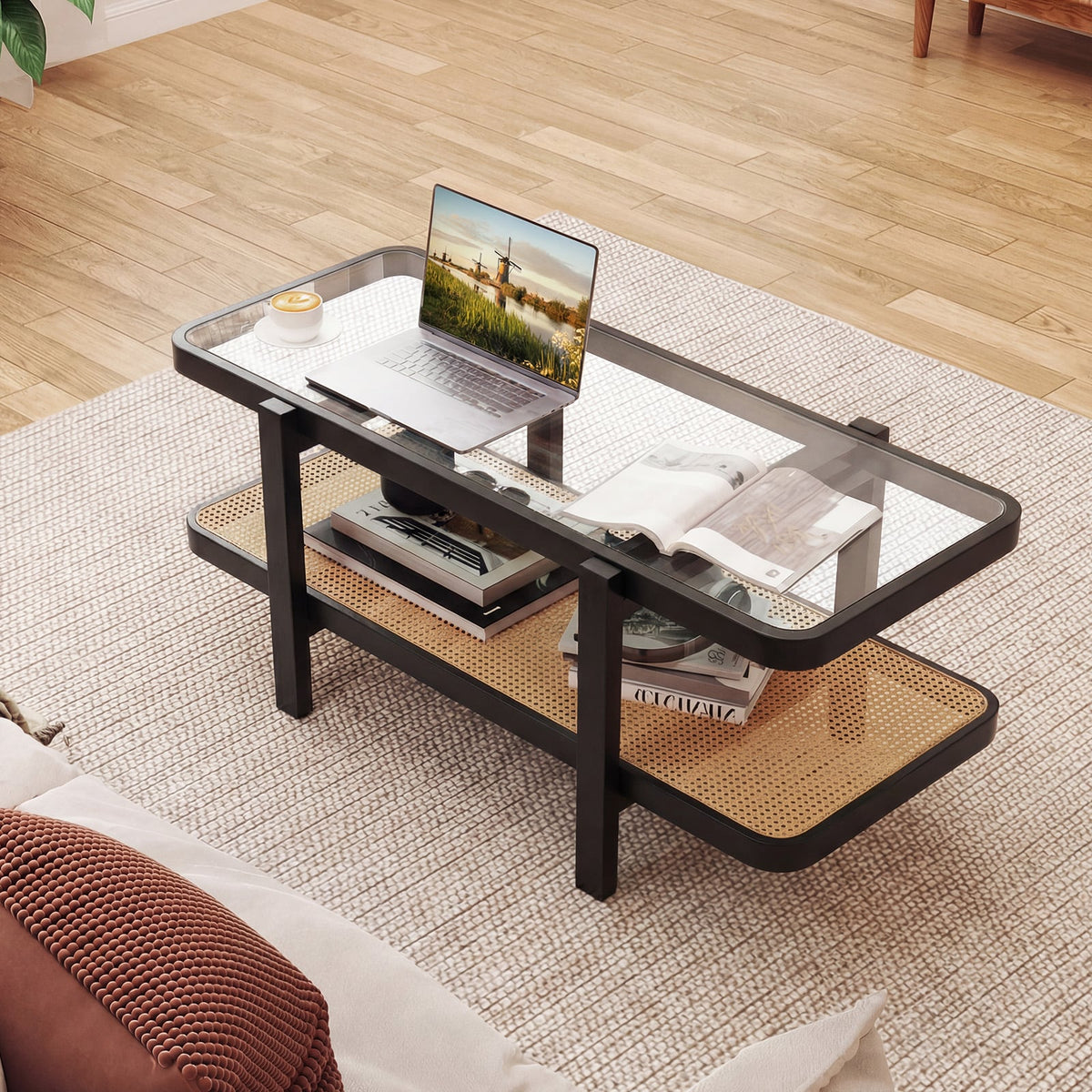 2-Tier Coffee Table with Storage and Tempered Glass Tabletop-Black-Coffee Tables-DECOROLALA