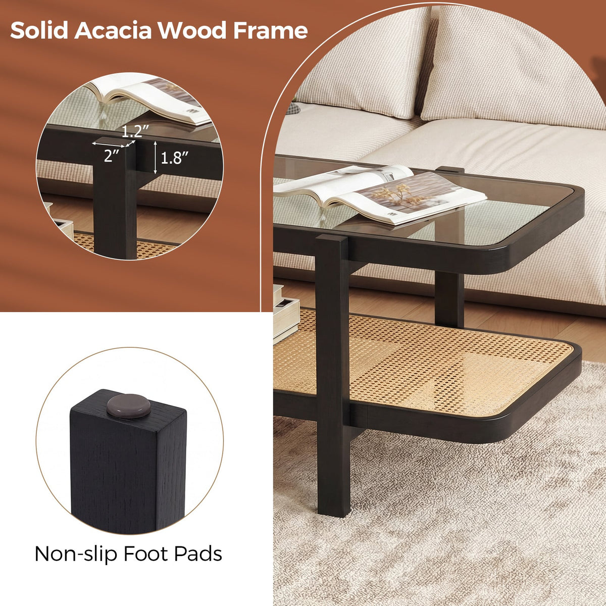 2-Tier Coffee Table with Storage and Tempered Glass Tabletop-Black-Coffee Tables-DECOROLALA