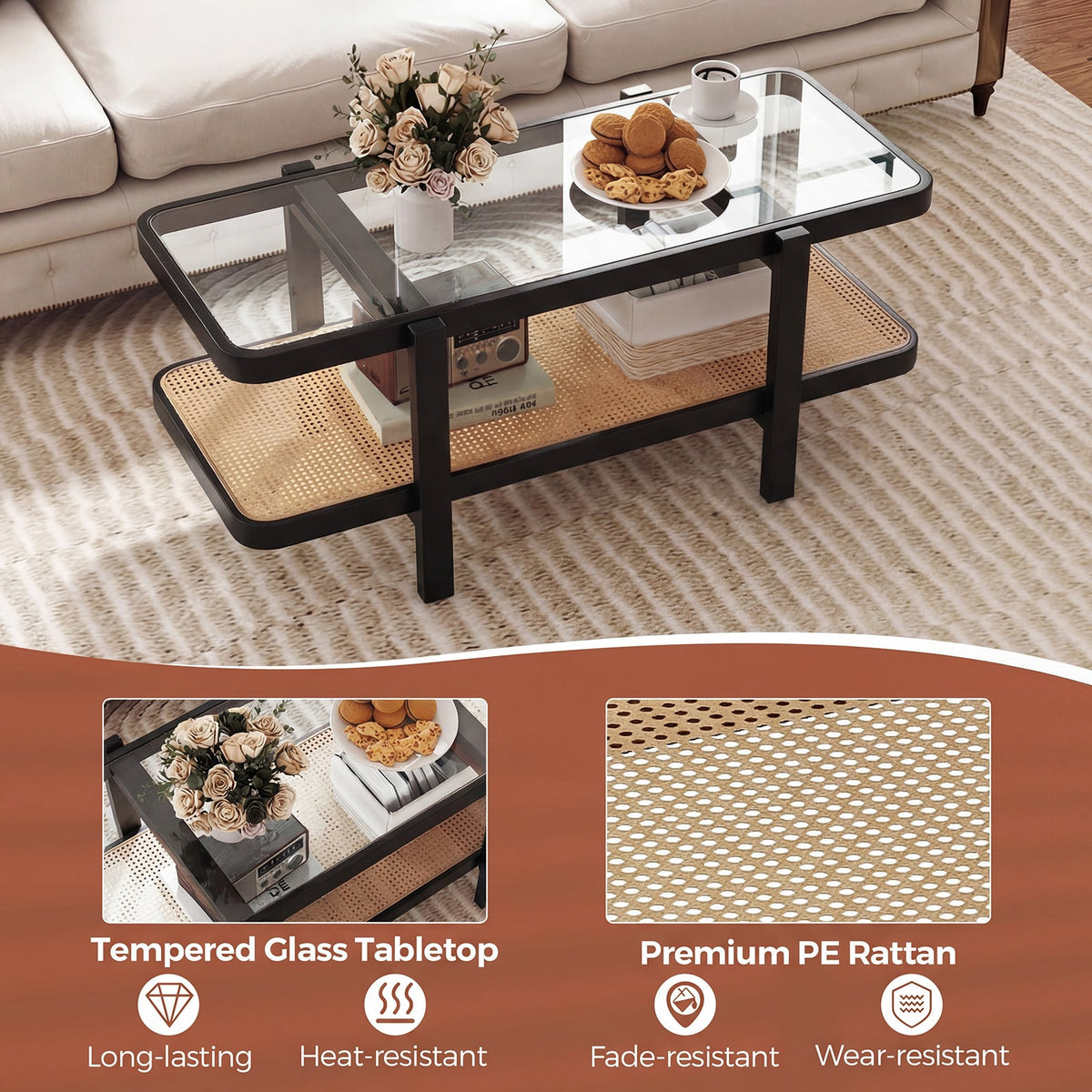 2-Tier Coffee Table with Storage and Tempered Glass Tabletop-Black-Coffee Tables-DECOROLALA