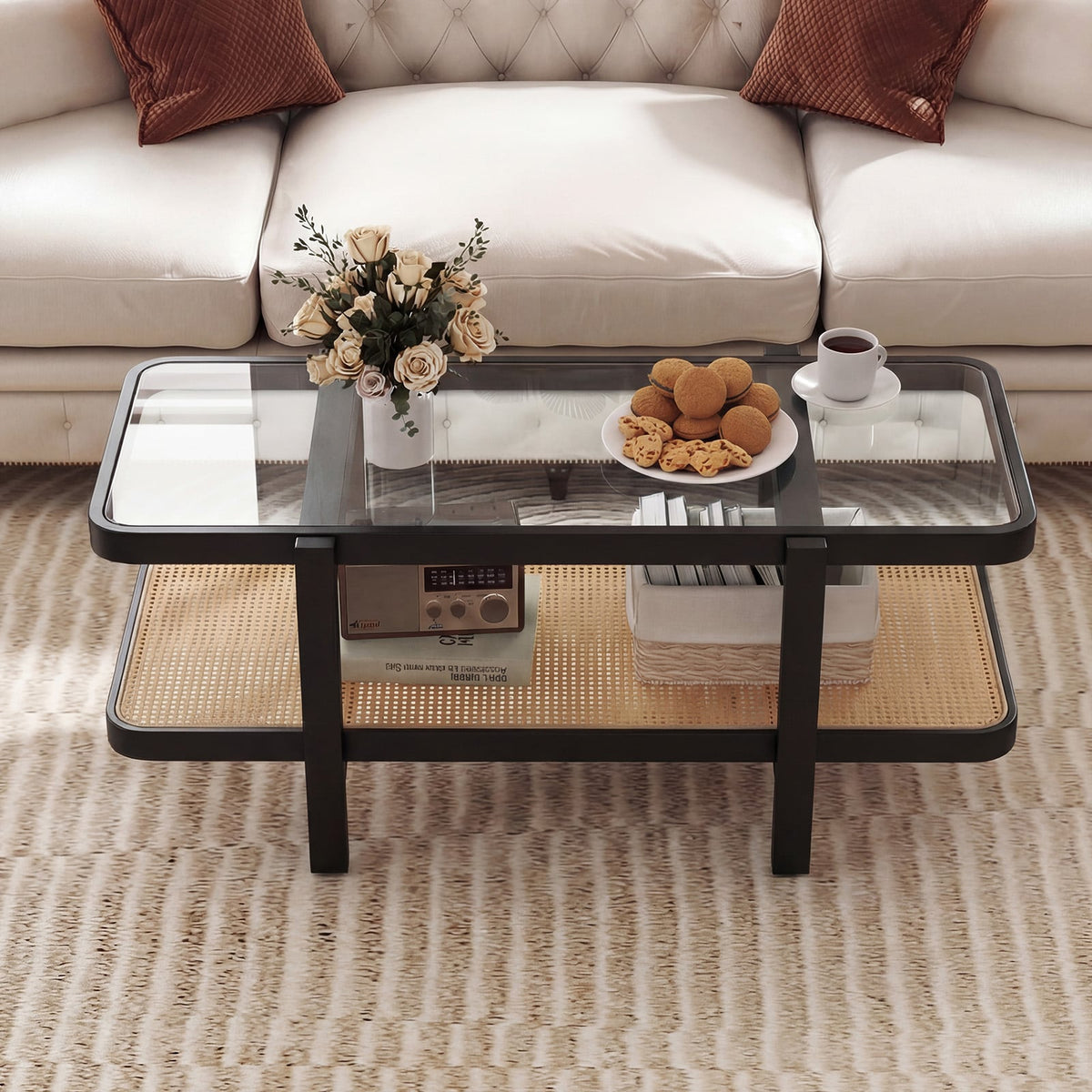2-Tier Coffee Table with Storage and Tempered Glass Tabletop-Black-Coffee Tables-DECOROLALA
