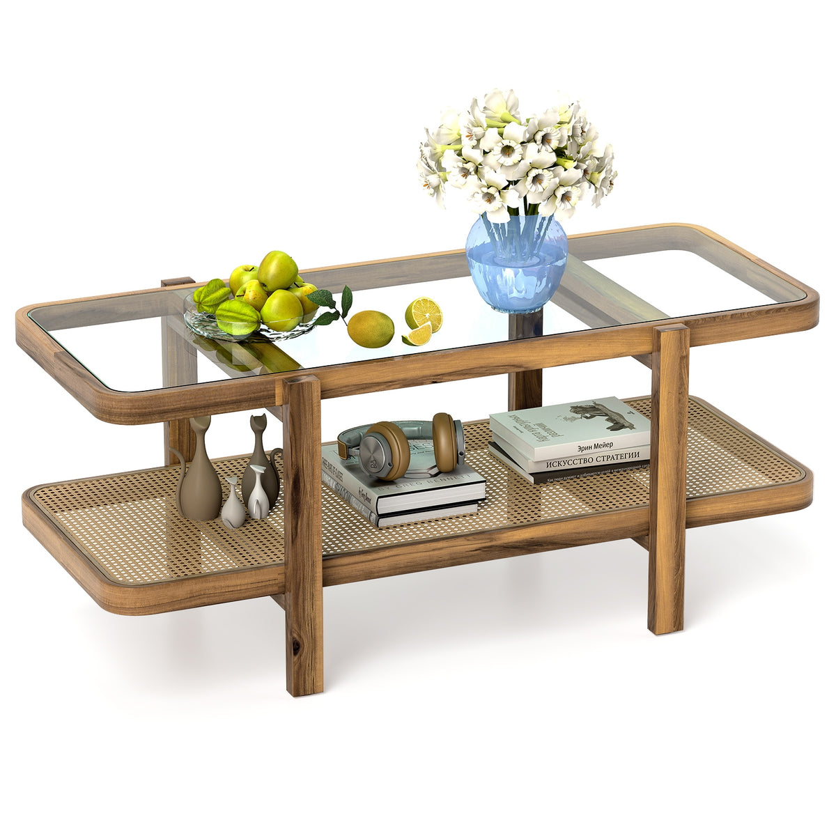 2-Tier Coffee Table with Storage and Tempered Glass Tabletop-Brown-Coffee Tables-DECOROLALA