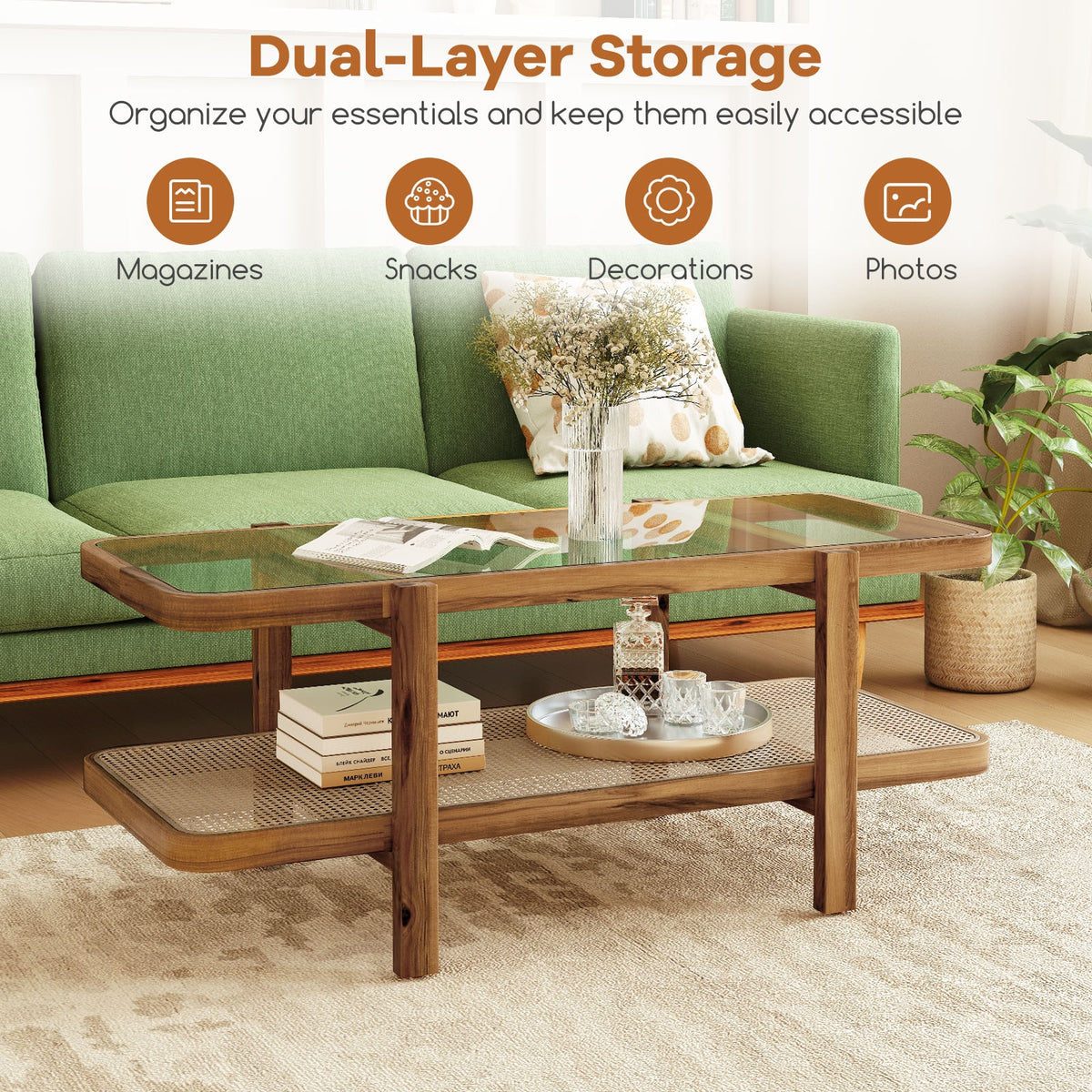 2-Tier Coffee Table with Storage and Tempered Glass Tabletop-Brown-Coffee Tables-DECOROLALA