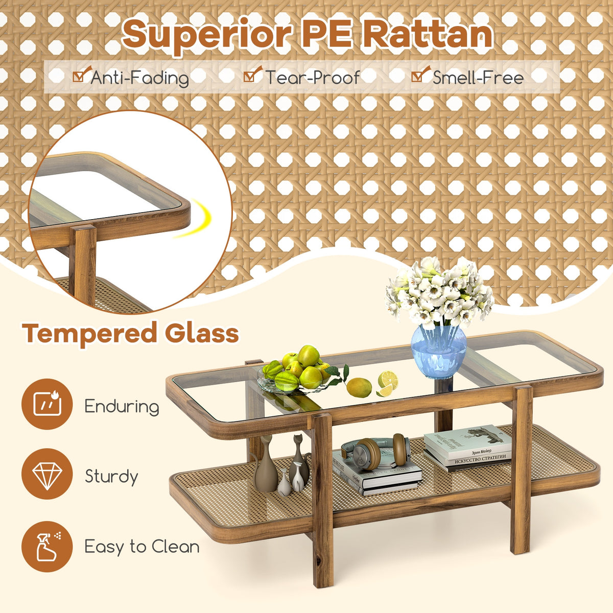 2-Tier Coffee Table with Storage and Tempered Glass Tabletop-Brown-Coffee Tables-DECOROLALA