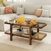 2-Tier Coffee Table with Storage and Tempered Glass Tabletop-Brown-Coffee Tables-DECOROLALA