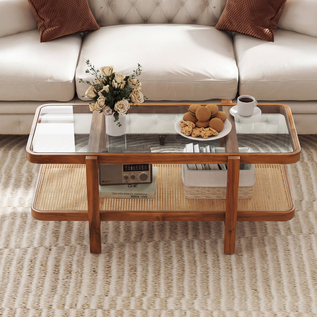 2-Tier Coffee Table with Storage and Tempered Glass Tabletop-Coffee-Coffee Tables-DECOROLALA